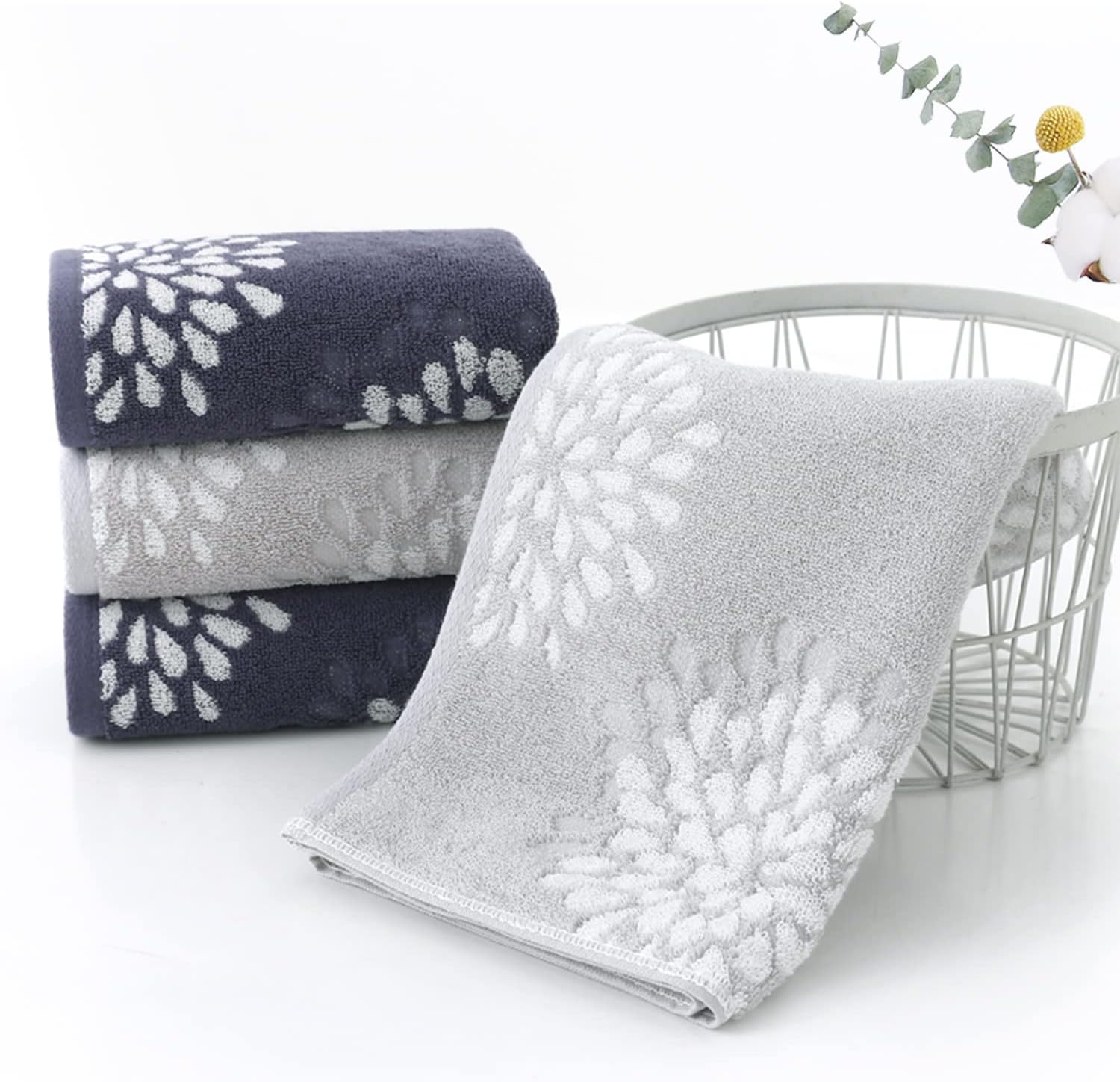 Pidada Hand Towels Set of 4 Hydrangea Floral Pattern 100% Cotton Absorbent Soft Decorative Towel for Bathroom (Light Grey & Denim Blue) - Image 2