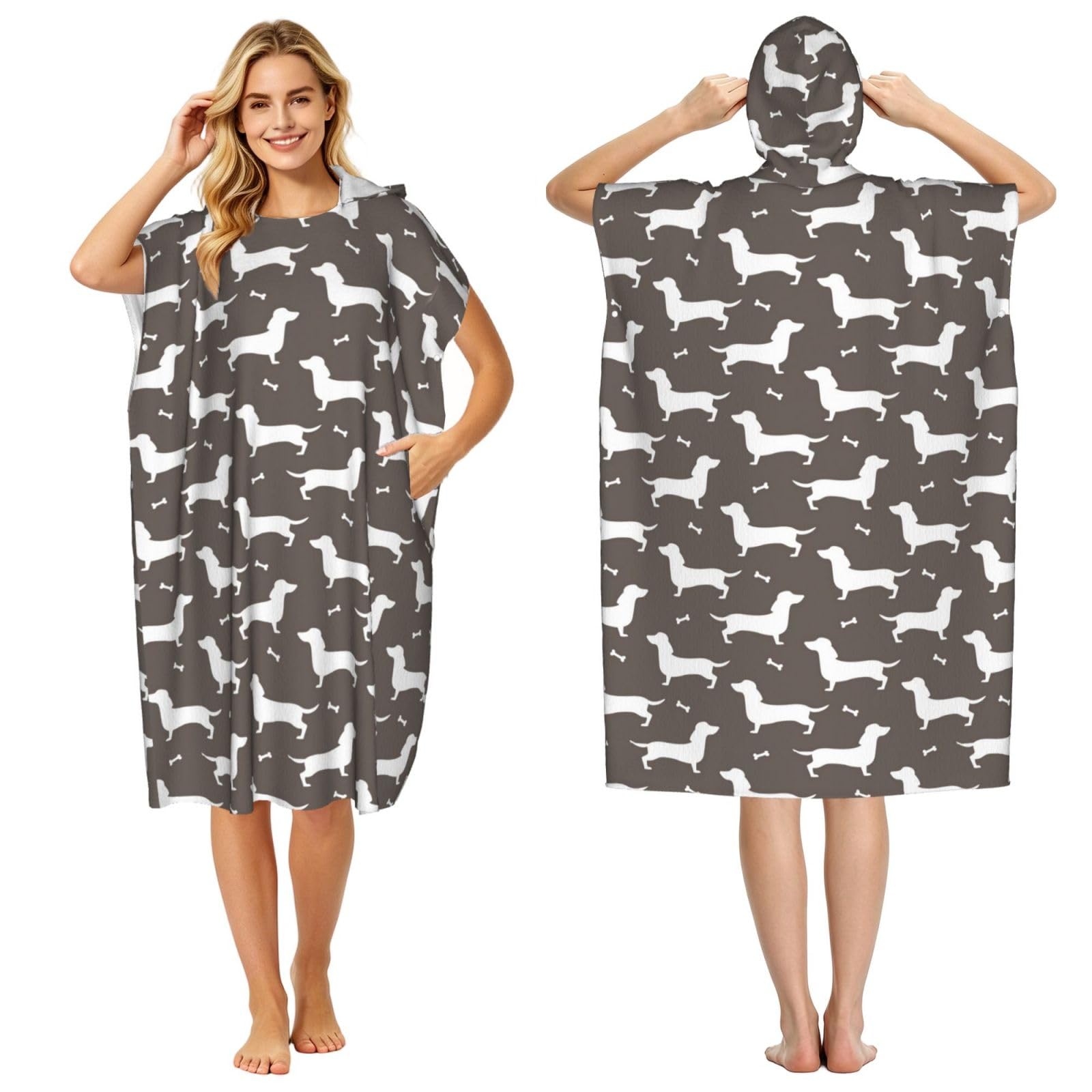 Poadnly Dachshund Pattern, Adult Hooded Beach Towel 90 x 110 cm,Changing Bath Robe, Surf Poncho Towel For Women Men