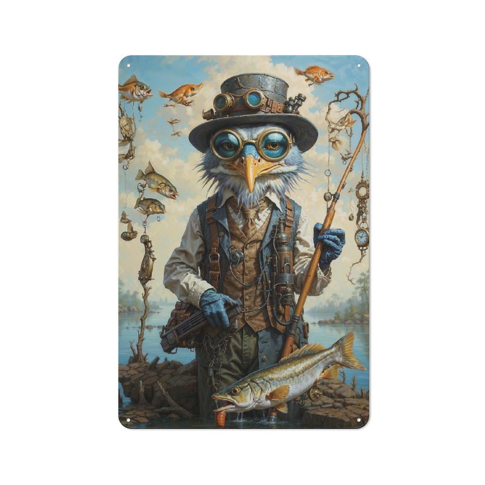 Junmoney Surreal Blue Heron Fishing Metal Wall Sign 30X20cm Featuring For Garage Wall, For Themed Room Decoration, For Living Room And Hallway Decor