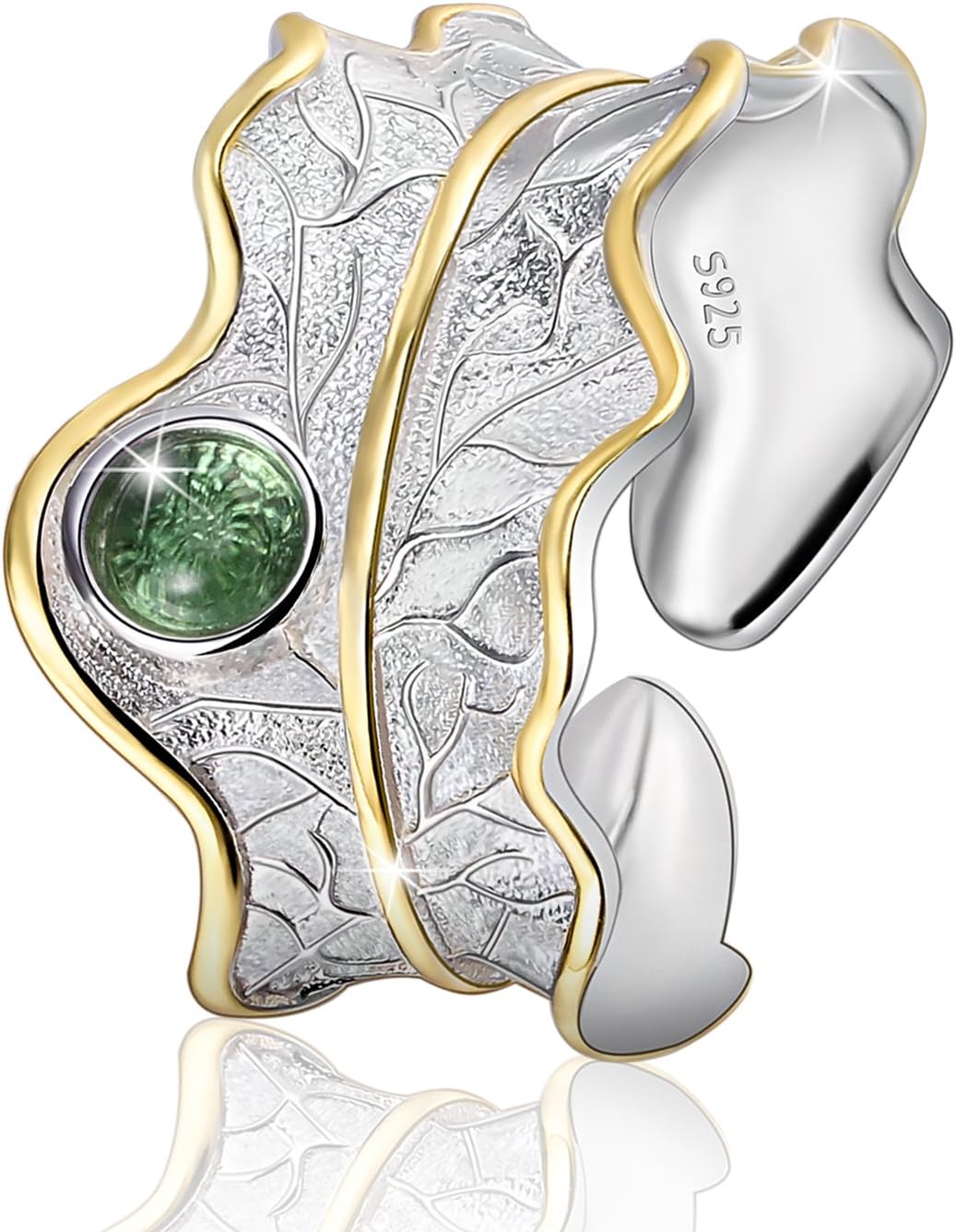 Sterling Silver Adjustable Ring - Wide Open Band, Natural Stone (Red/Yellow/Green), Leaf Design, Mum Gifts, Women's Jewelry