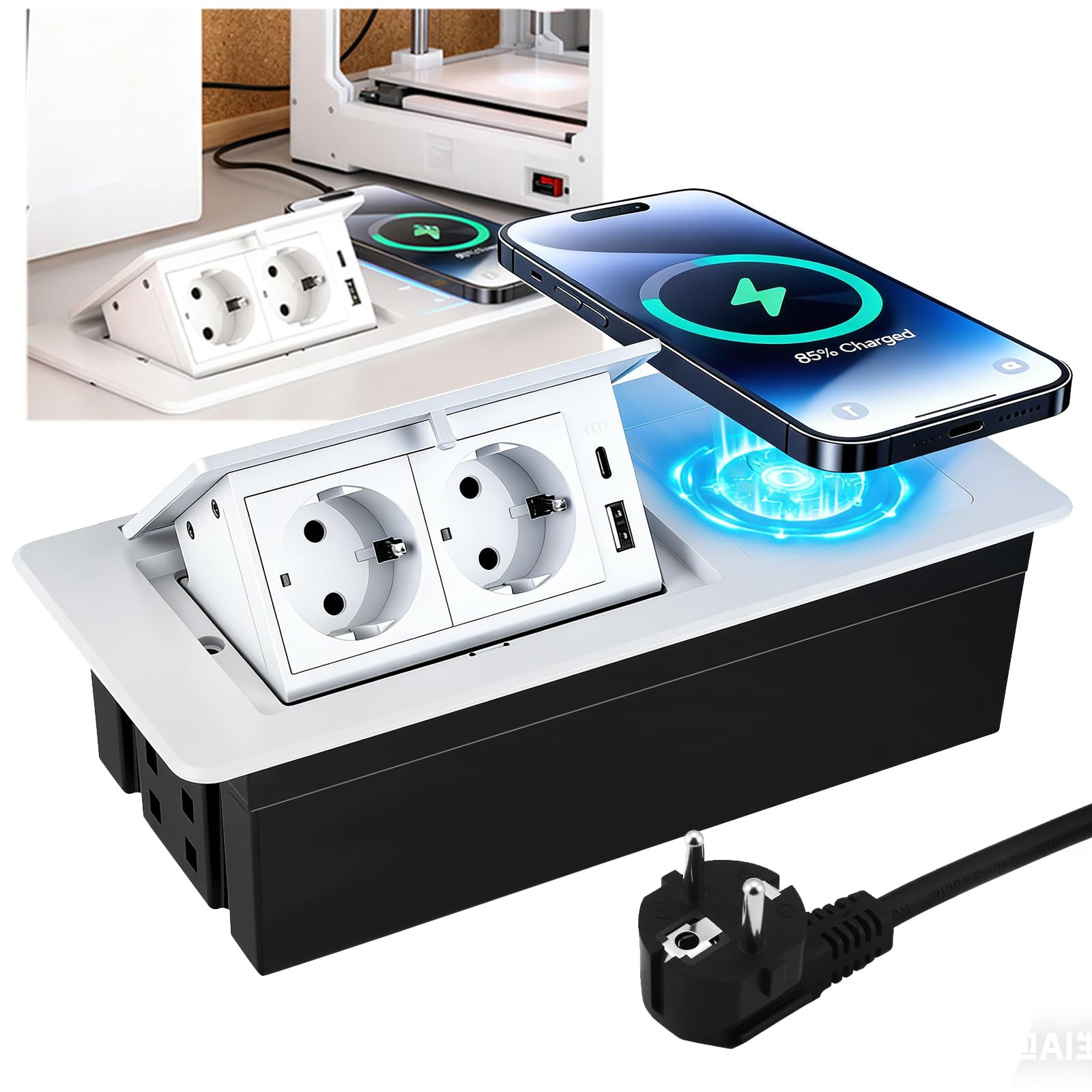 Enchufe retráctil empotrable con inalámbrico, cargador 5 en 1, PD20W, carga rápida, USB C, enchufe de mesa para encimera, ángulo ajustable para cocina, oficina, color blanco