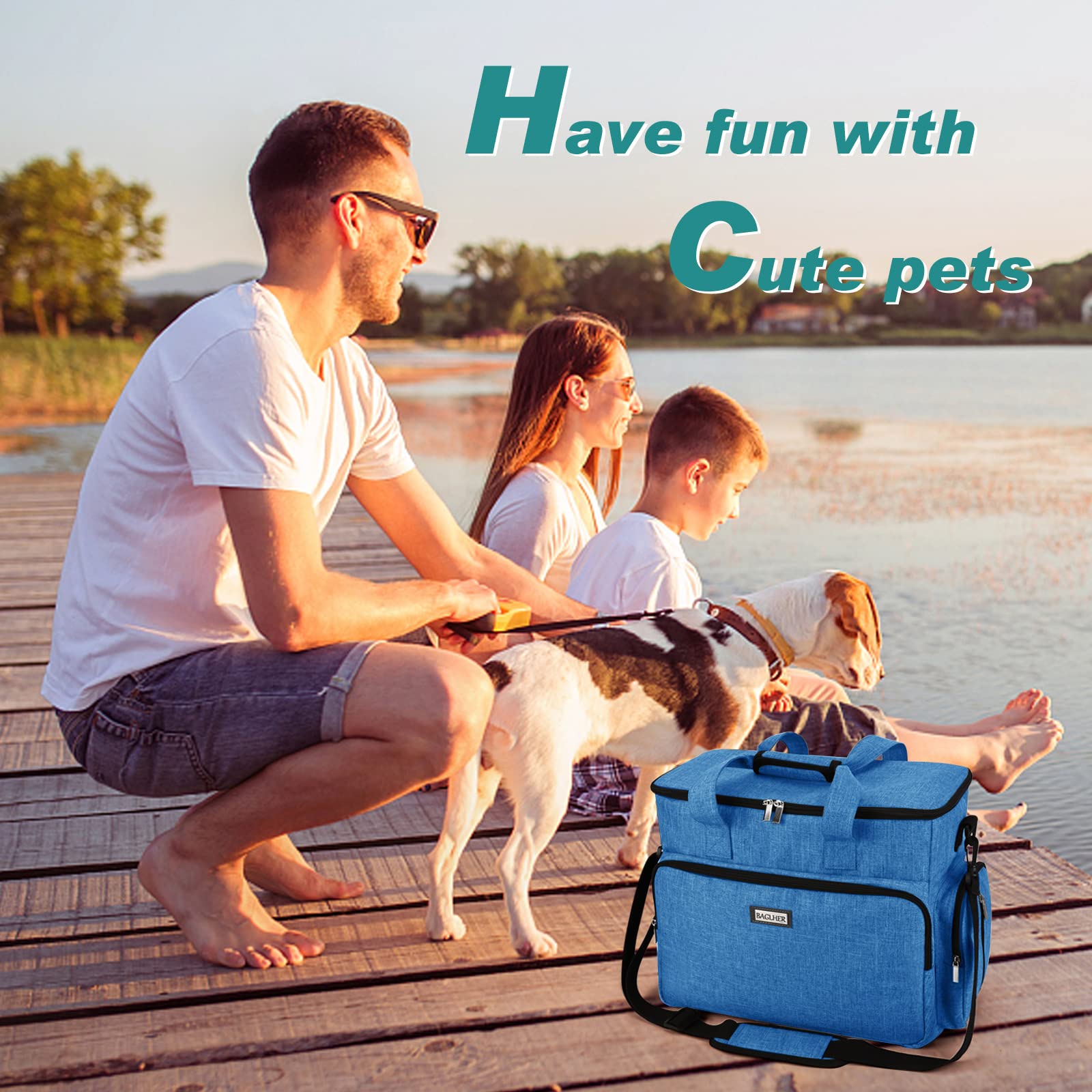BAGLHER Hundetasche, Haustier-Reisetasche (alle Haustier-Reisebedarf), mit 2 Haustierfutterbehältern und 2 faltbaren Silikonnäpfen; unverzichtbares Set für Haustierreisen, Blau