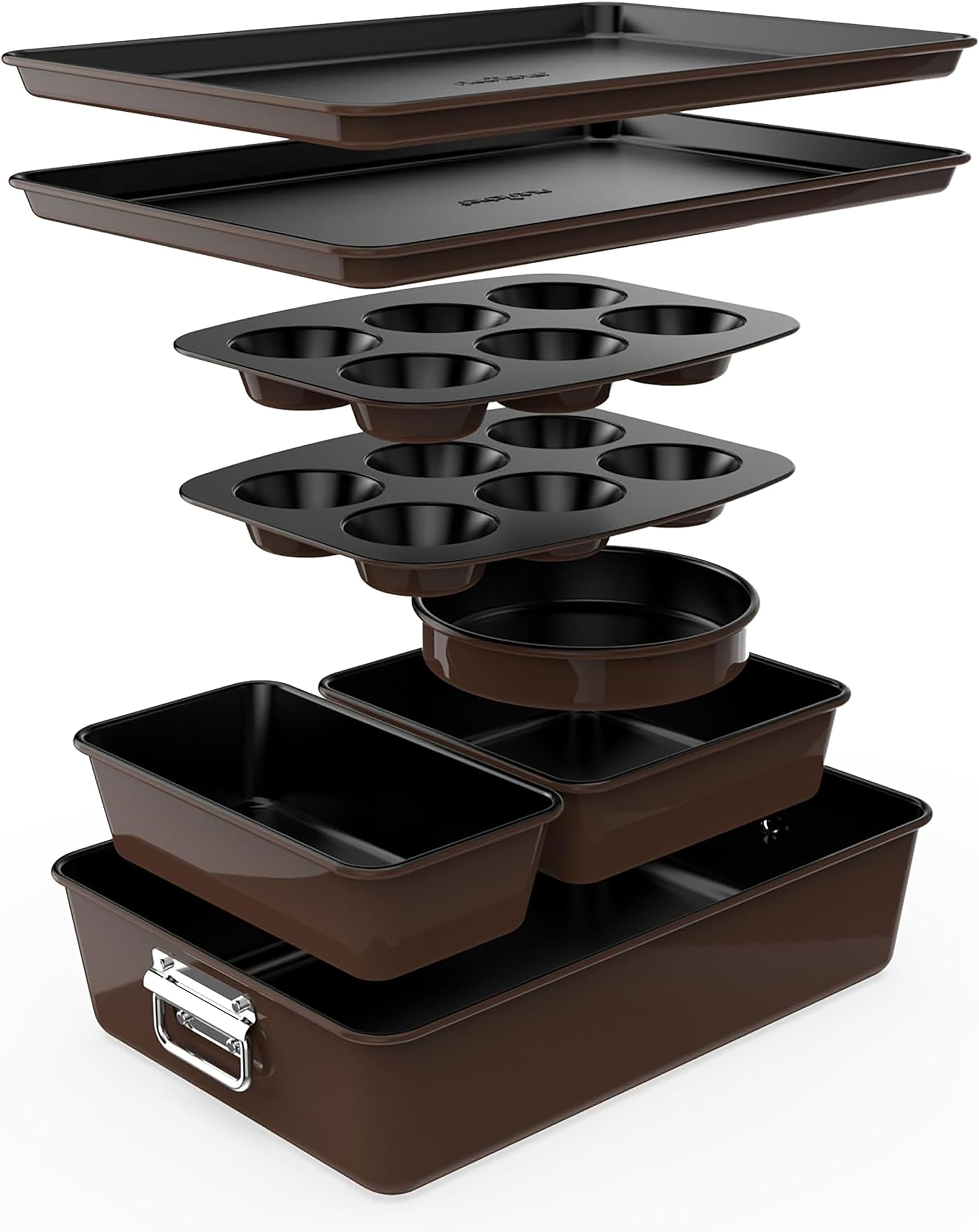 Nutrichef juego 8 moldes apilables, Bandejas, Libres de PFOA, PFOS, PTFEE, Utensilios horno hasta 232°C, Baking set, Antiadherentes, Color marron