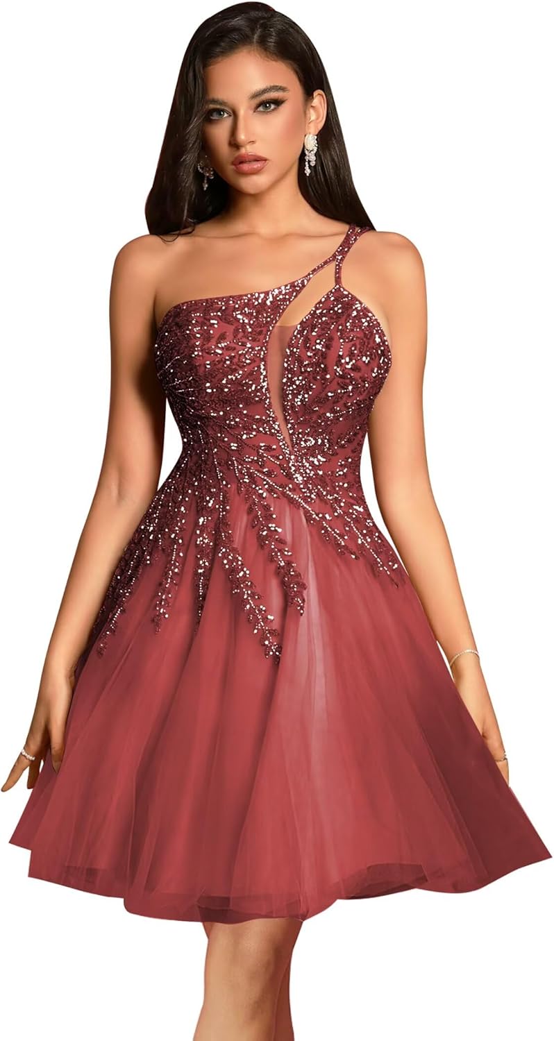 MYDRESS Beaded Tulle Homecoming Dresses 2026 Asymmetrical Neck One Shoulder A Line Short Prom Dresses with Pockets