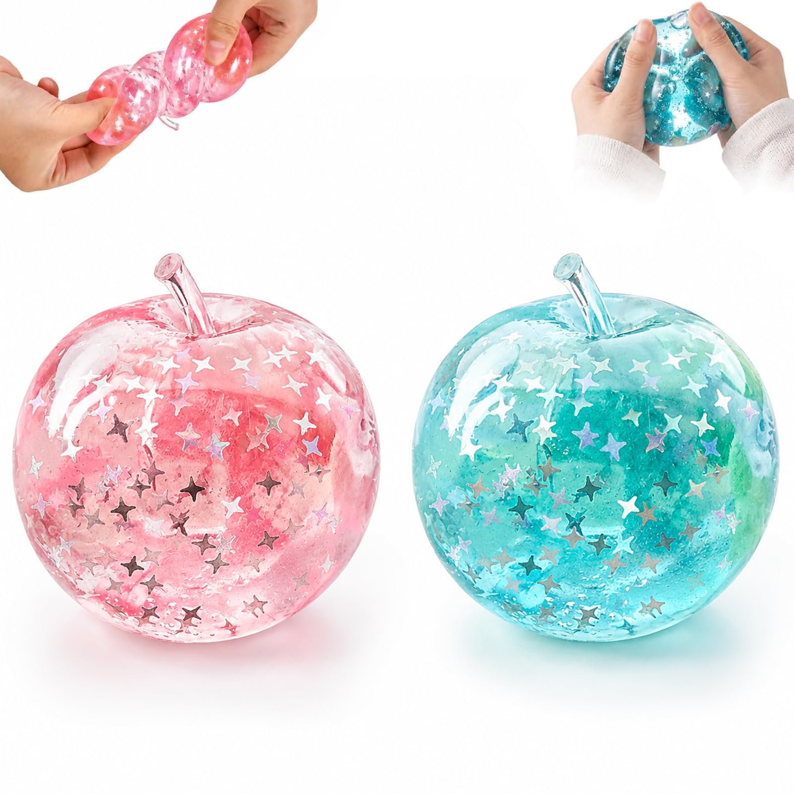 2 Pack Apple Squishy Stress Balls, Glitter Fruit Squishy Fidget Toys, Slow Rising Sensory Squeeze Toy for Kids Adults, Anxiety Relief, Focus, Party Favors, Birthday Gifts, Easter Stuffers (I)