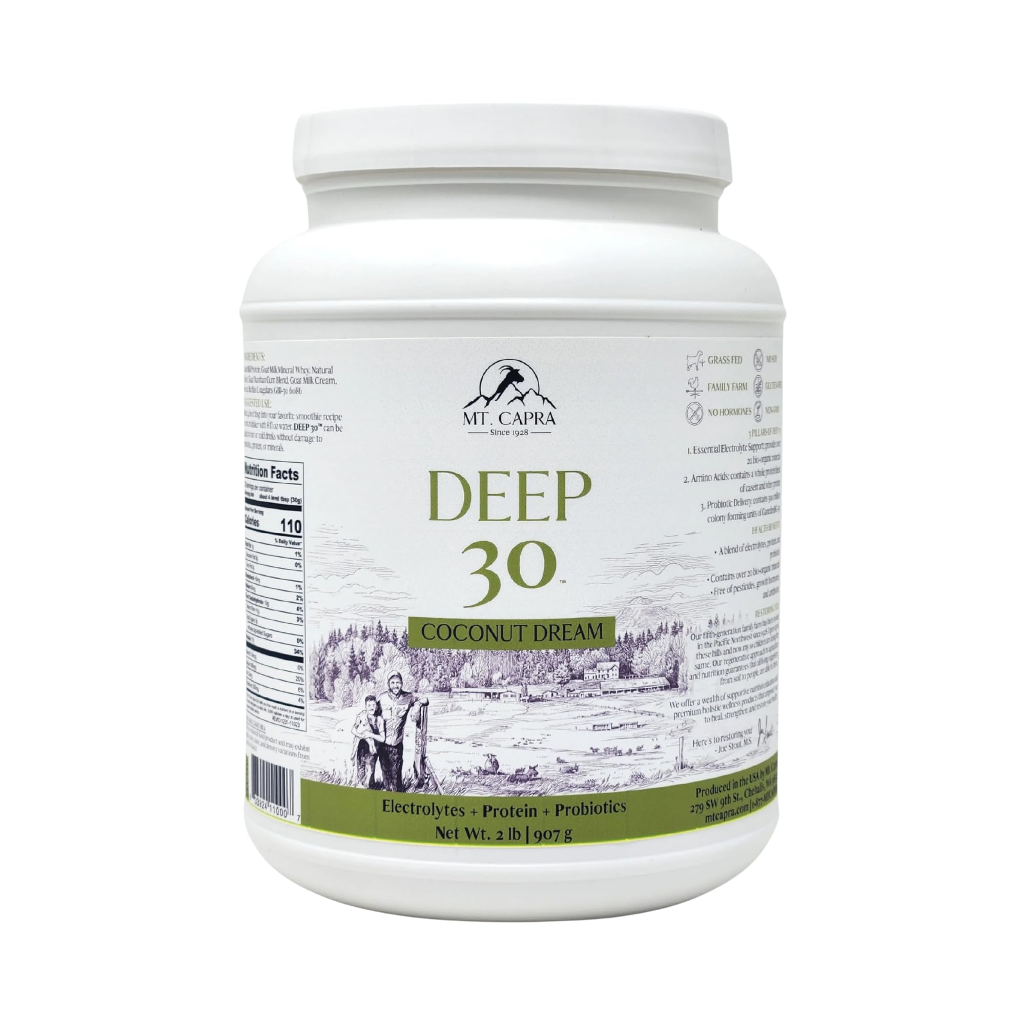 Mt. Capra Suplemento proteico de leite de cabra com whey, caseína, minerais e probiótico BC-30 sabor Coconut Dream — 30 porções, 907 g