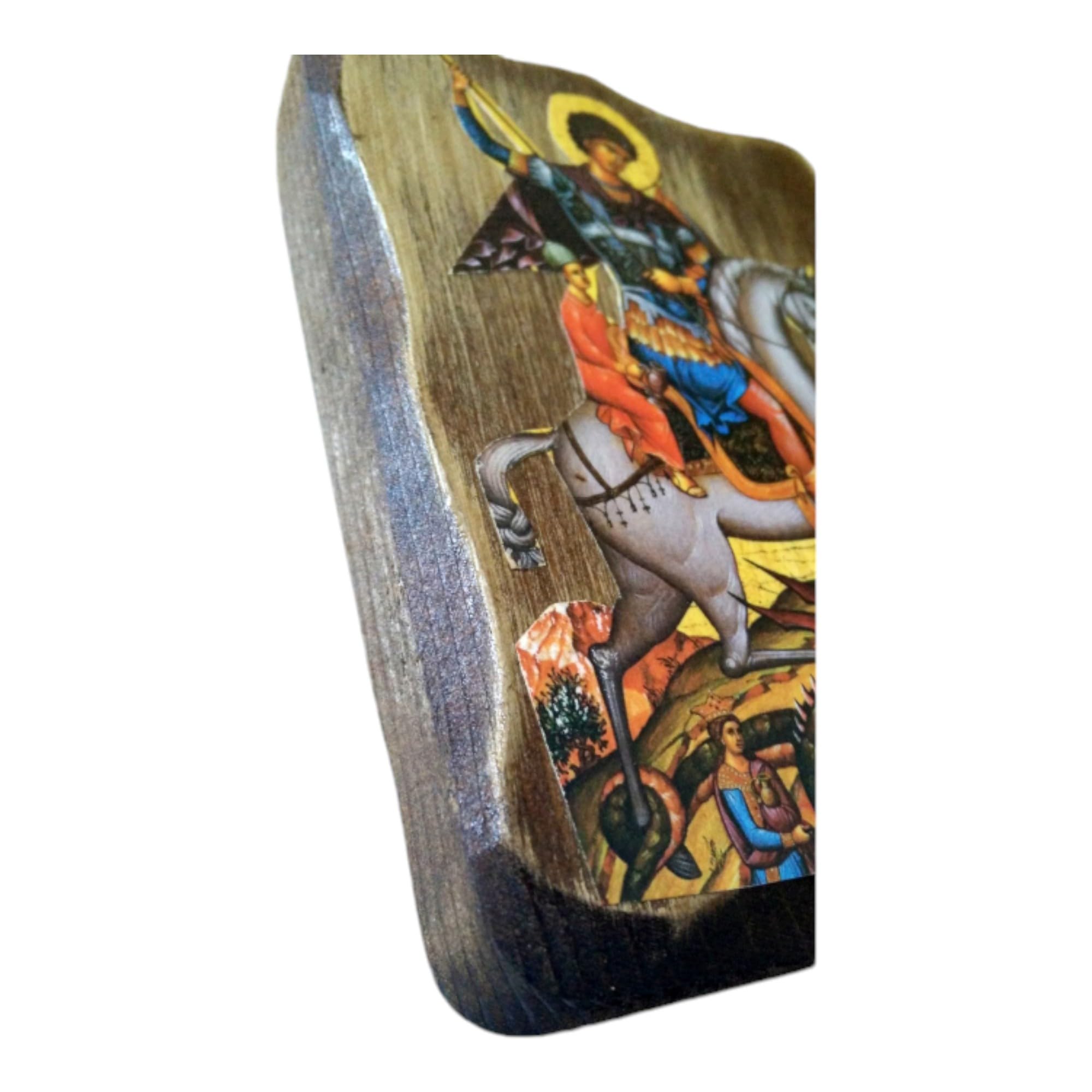 Icône Orthodoxe Saint Georges En Bois Sculpté Main - 9x7cm - Traitement Anti-UV Et Humidité