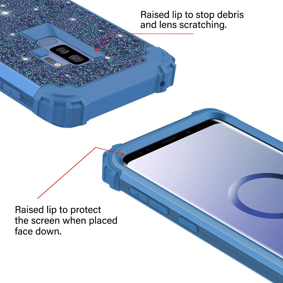 Casetego Compatible with Galaxy S9 Plus Case,Glitter Sparkle Bling Three Layer Heavy Duty Hybrid Sturdy Shockproof Full Body Protective Cover Case for Samsung Galaxy S9 Plus,Shiny Blue