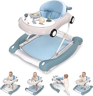 5-in-1 Convertible Baby Walker with Steering Wheel Music Activity Center – Infant Rocker, Jumper, Push Walker, Bouncer & Feeding Foldable Walker for Ages 6-18 Months Boys Girls (Haze Blue)