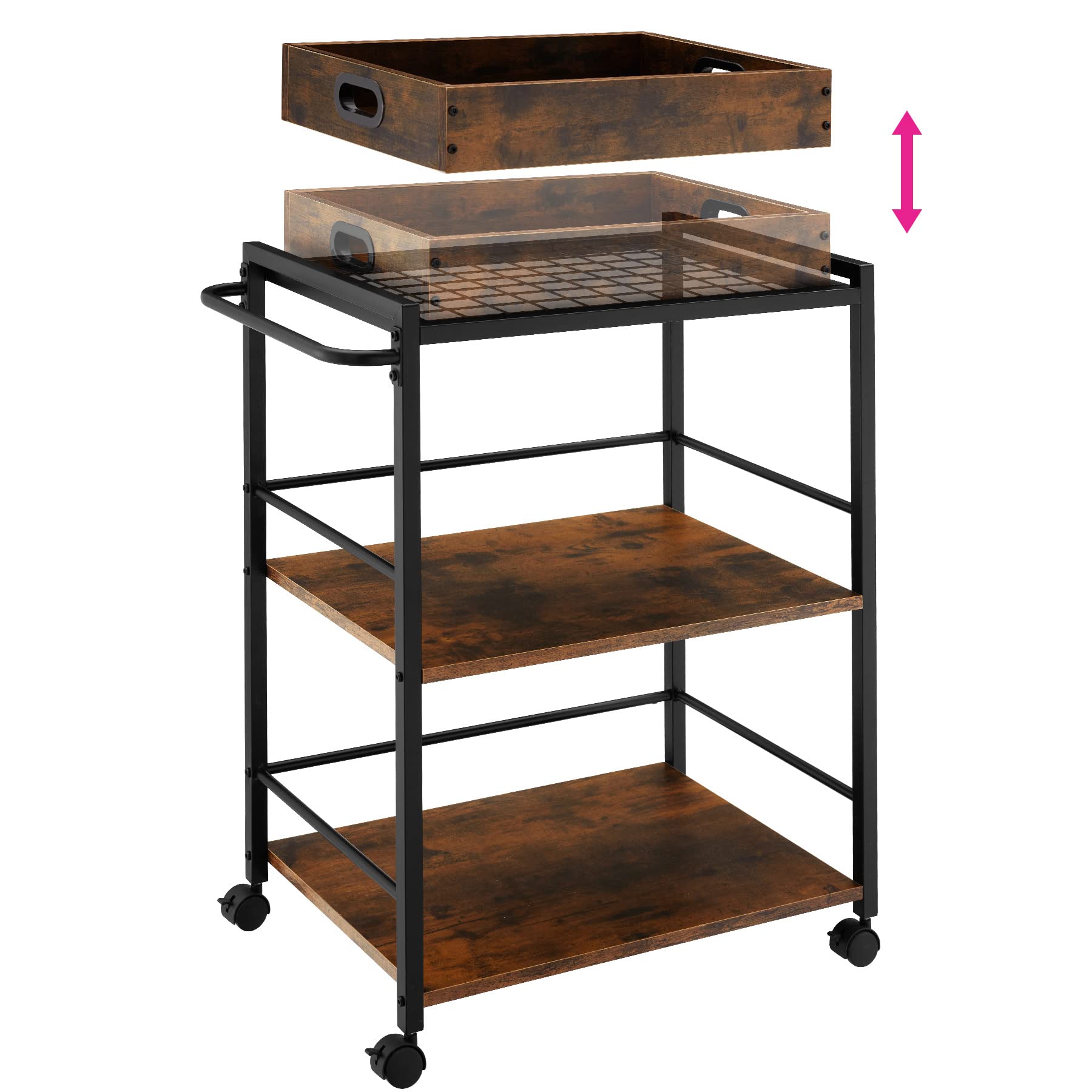 tectake® Carrello Portavivande - 65 x 41,5 x 87 cm - Carrello Cucina con Ruote, Vassoio Removibile, Struttura in Acciaio, Mobiletto Salvaspazio, Organizer Cucina - Legno Industriale Scuro