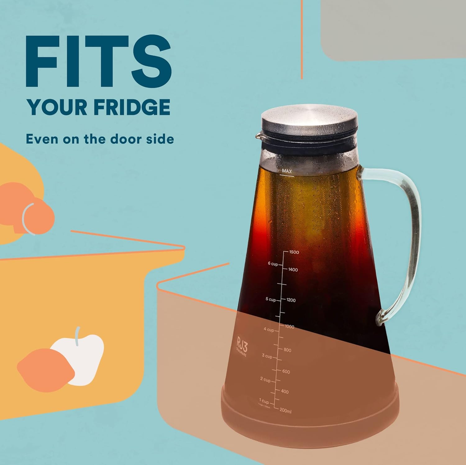OVALWARE Airtight Cold Brew Iced Coffee Maker Pitcher (& Iced Tea Maker) with Spout – 1.5L/ 51oz Brewing Glass Carafe with Removable Stainless Steel Filter