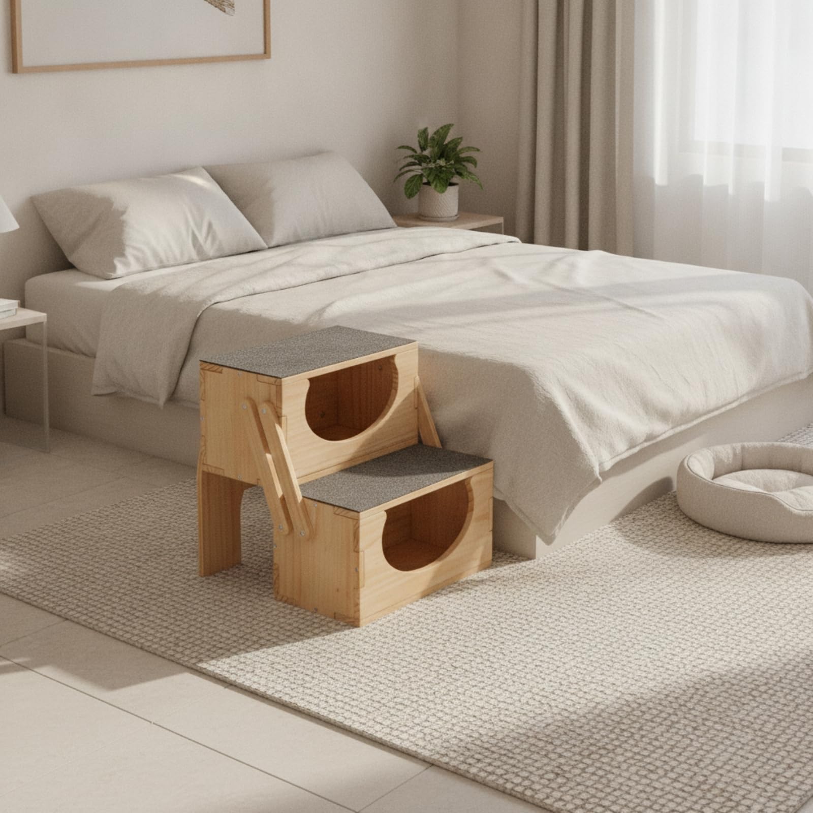 Baoblaze Scaletta per Cani Gradini Rampe in Legno Massello Pieghevole con Superficie Antiscivolo E Ta Laterali Semicircolari per Stabilità E Presa Sicura, Due Gradini