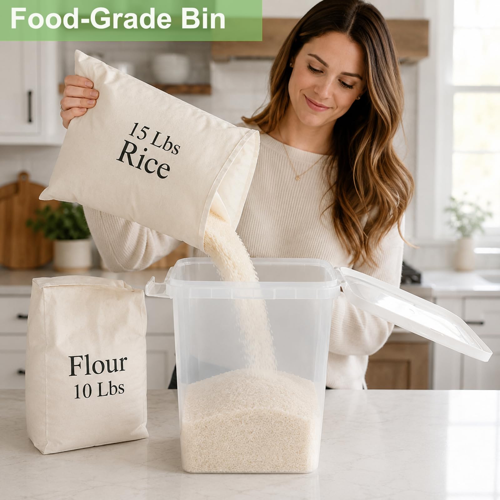 Contenedor de arroz hermético de 15 libras, contenedor hermético para harina con cuchara, contenedor de plástico de grado alimenticio para cereales, azúcar, dispensador de alimentos secos para cocina,