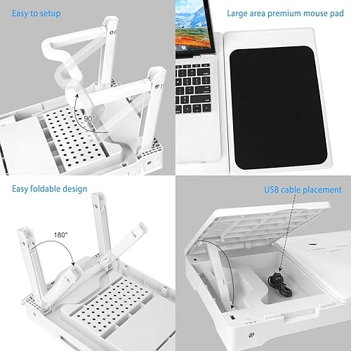 Miniatura 4 de TeqHome Mesa para computadora portátil para cama, escritorio ajustable para laptop con ventilador, 4 puertos USB, escritorio portátil con patas