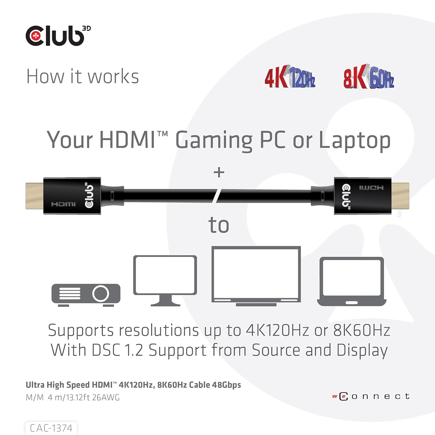 Club 3D HDMI 2.1 4K120Hz 8K60Hz 48Gbps Male/Male 4m 26AWG Ultra High Speed Cable Ultra High Speed Cable (CAC-1374)