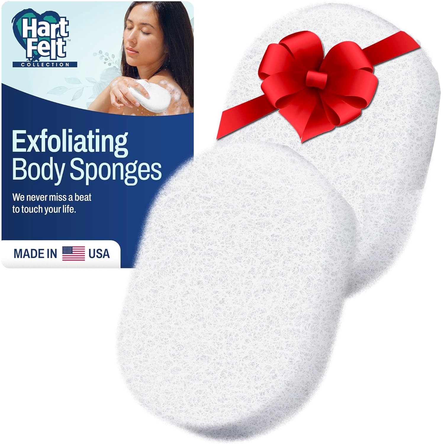 HartFelt Bath Sponges for Shower Women & Men | Soft Exfoliating Body Sponge for Dead Skin | Chemical-Free Sponges for Body | Cleanses Skin from Dirt & Excess Oil | Made in USA - Pack of 2