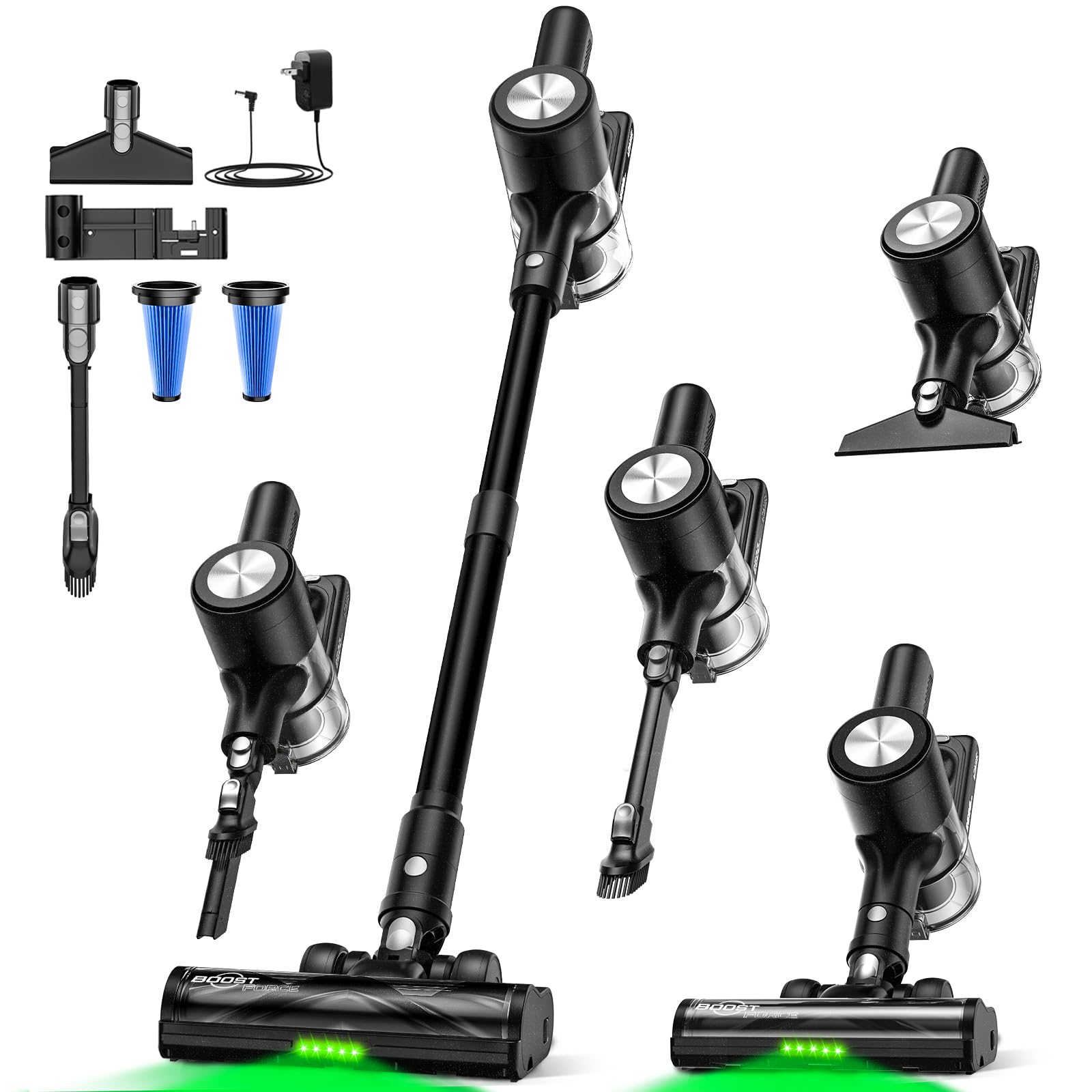 Cordless Vacuum Cleaner, 46Kpa/55 Mins Vacuum Cleaners for Home, Self-Standing Stick Vacuum with Rechargeable Dock,LED Display & Anti-Tangle,Lightweight Rechargeable Vacuum for Carpet (Black)