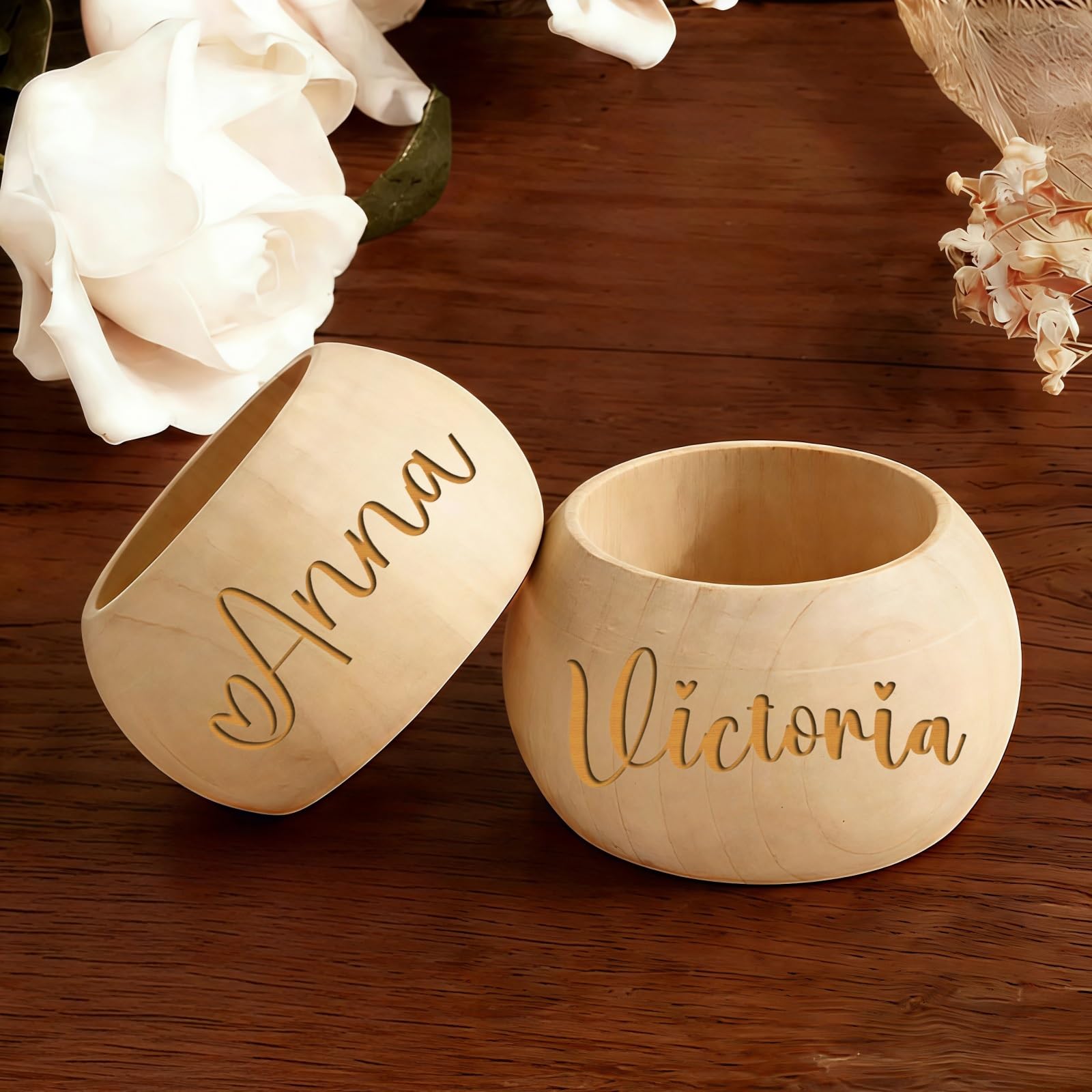 Custom Name Wood Napkin Rings, Personalized Wedding Favors For Guests, Rustic Round Napkin Holders For Bridal Shower Table Setting