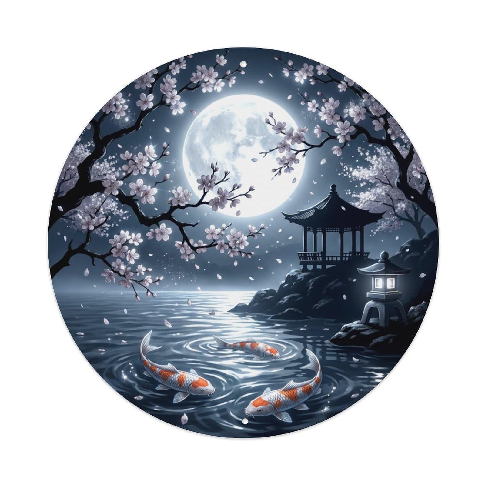 Tgrcjimh Style Metal Tin Sign Japanese Koi Fish Cherry Moonlight Silver Ethereal