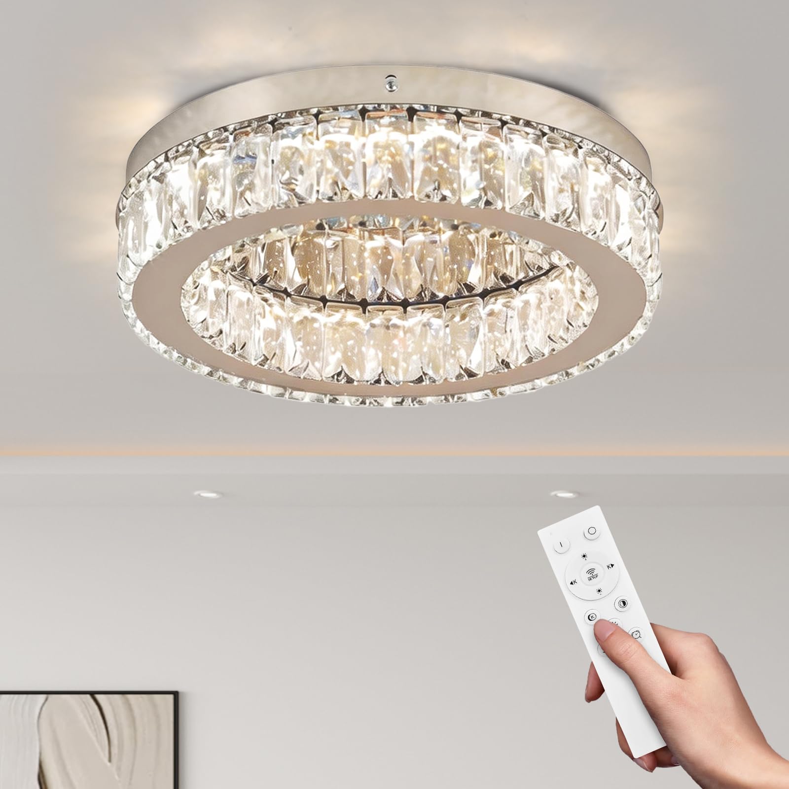 Finktonglan 30cm Round Crystal LED Flush Ceiling Light, Dimmable with Remote, 3000K–6500K Colour Temperature, K9 Crystal Stainless Steel, Low Profile for Bedroom Living Room