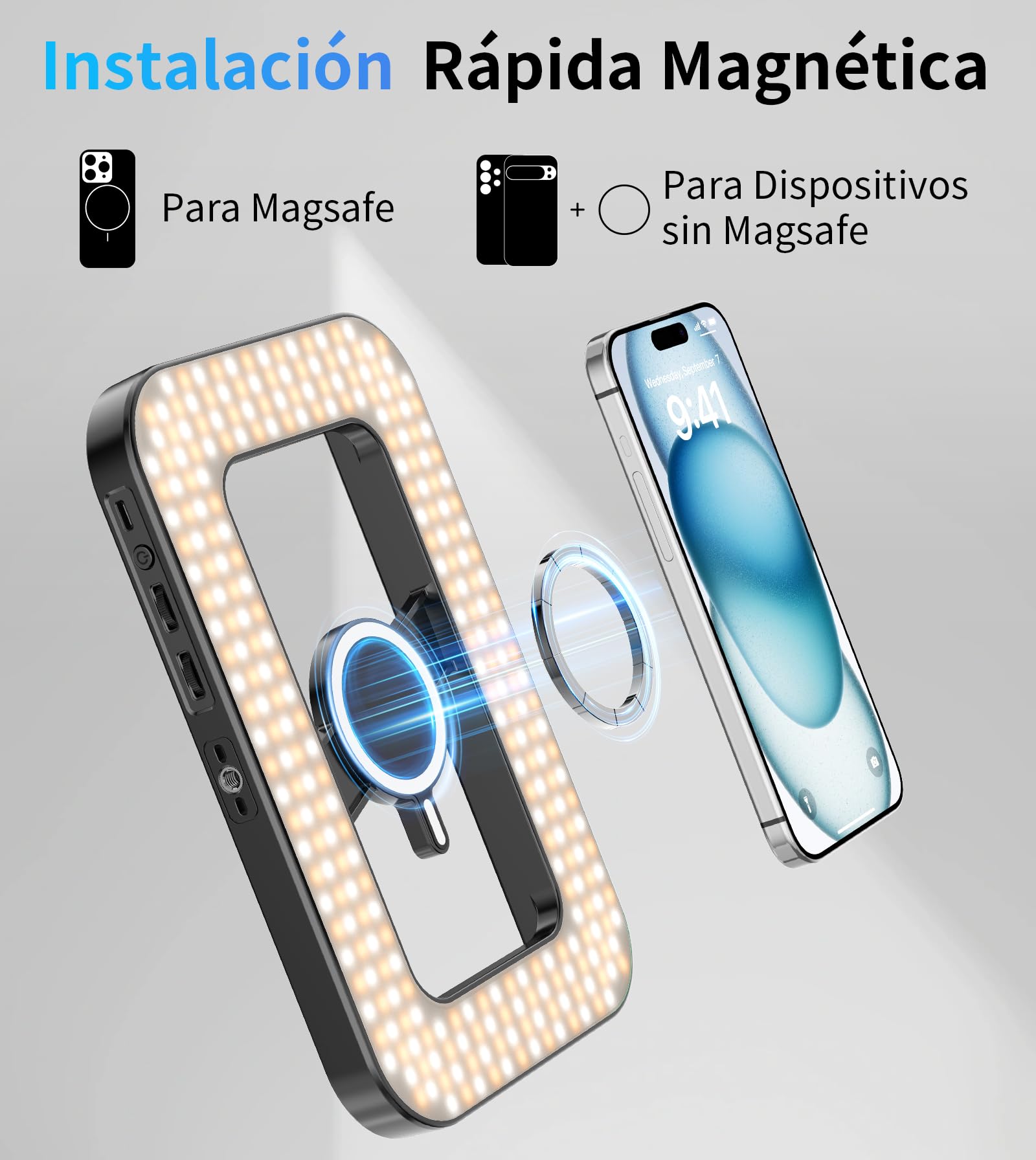 TONEOF Luz Selfie Portátil Recargable,Versión Magnética RGB con MiniTrípode | Luz magnética RGB multifunción, compatible con Magsafe, apta para vídeo, fotos y grabación con teléfonos móviles