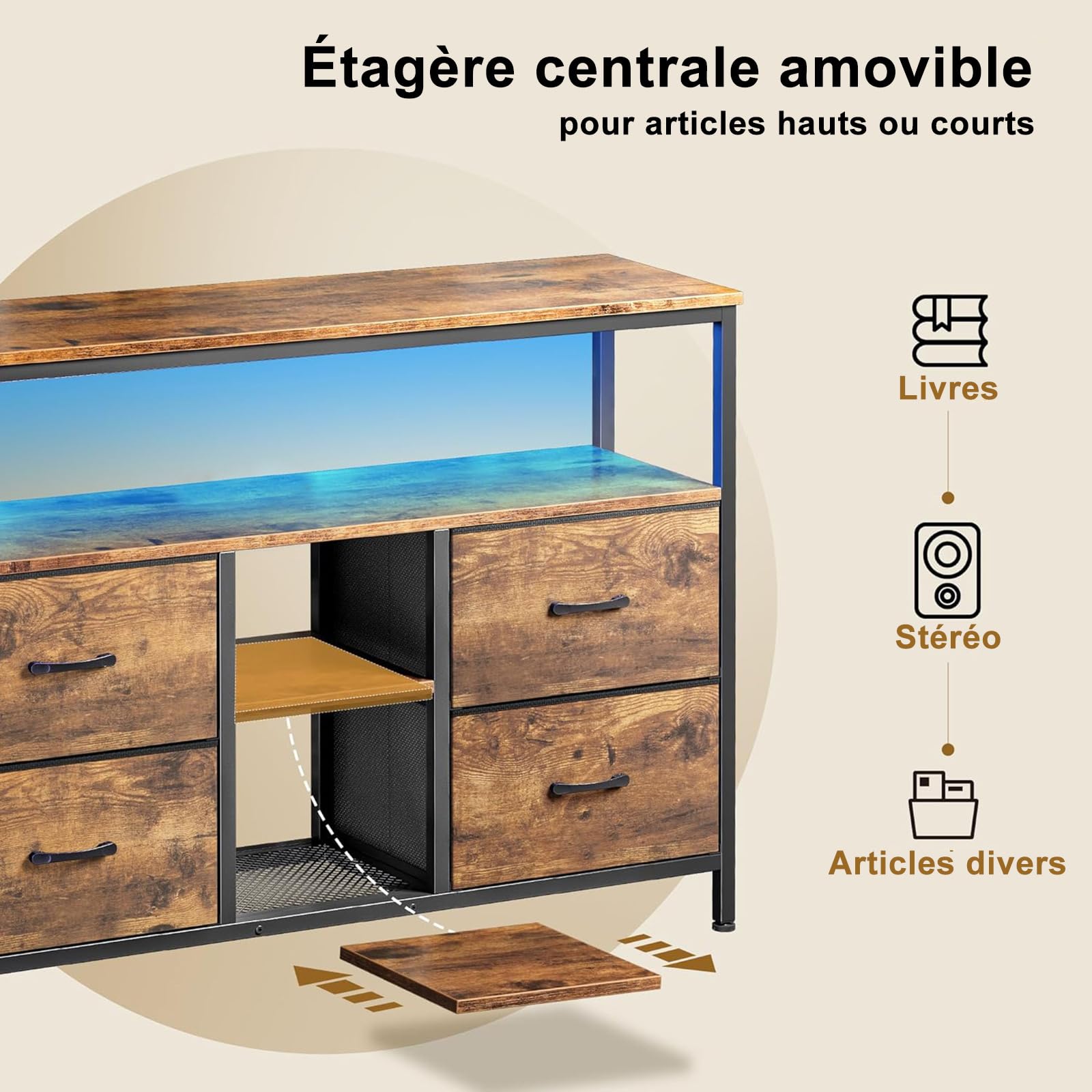 BestAlice Meuble TV Vintage avec éclairage LED, casier avec 4 tiroirs et 3 étagères, Cadre en Fer et Meuble TV à Panneaux de Particules, Pieds réglables en Hauteur(108cm-B)