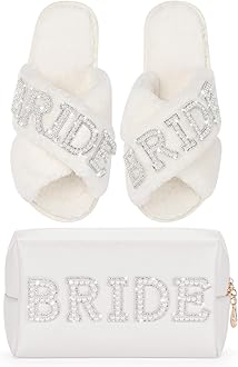 EtercycleWedding Gifts Set, Bride Makeup Bag With Bride Slippers, Waterproof PU Travel Toiletry Bag With Pearl Rhinestone Fuzzy Women Wedding Slippers Bride Gifts for Bridal Party Bride To Be Set