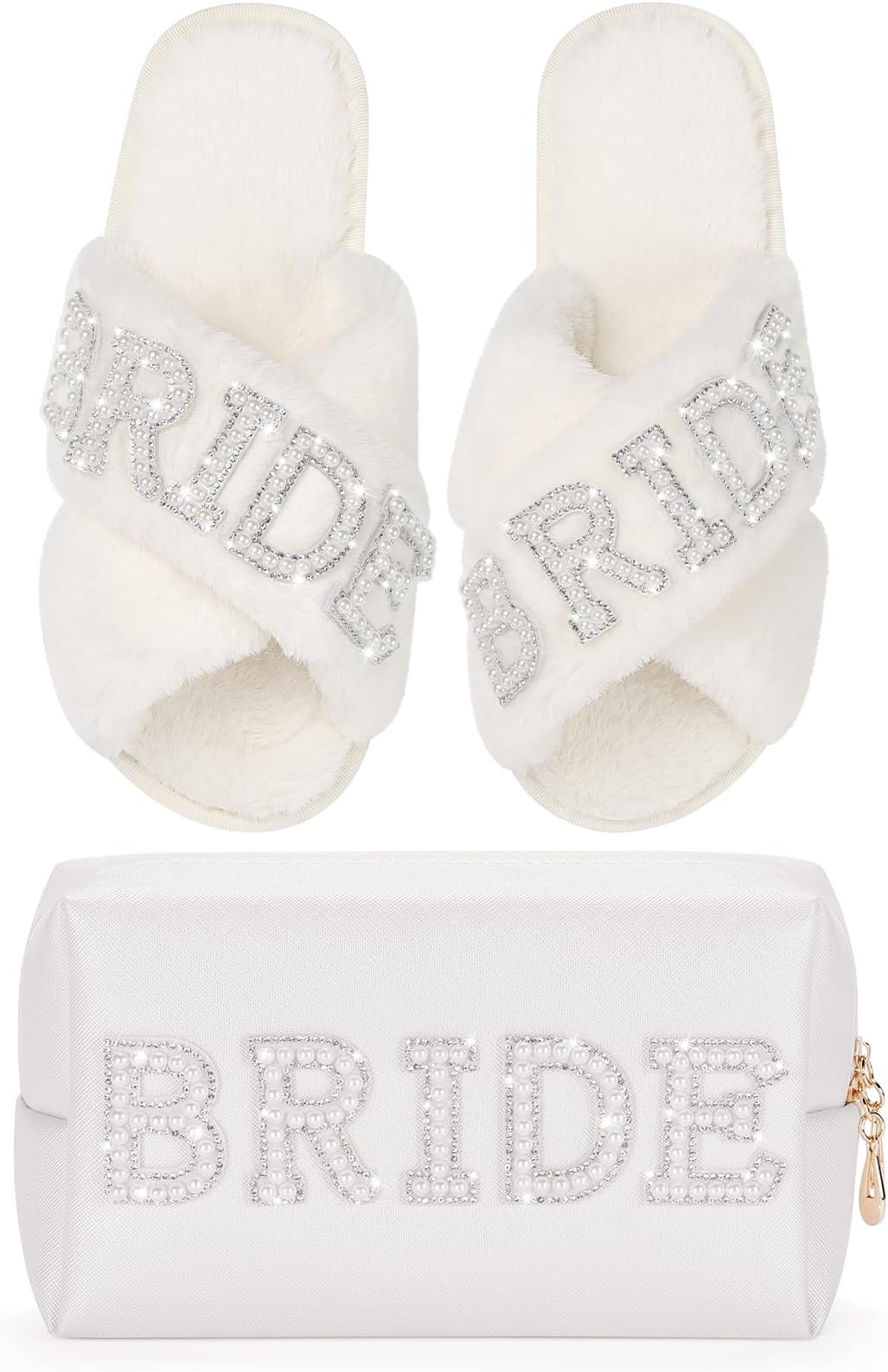 EtercycleWedding Gifts Set, Bride Makeup Bag With Bride Slippers, Waterproof PU Travel Toiletry Bag With Pearl Rhinestone Fuzzy Women Wedding Slippers Bride Gifts for Bridal Party Bride To Be Set
