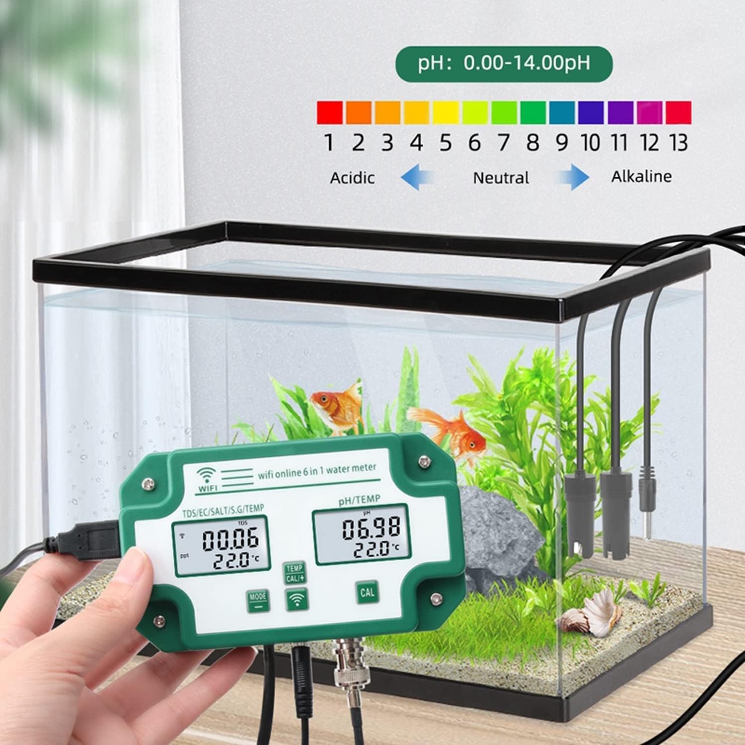 Probador de calidad del agua 6 en 1, monitor de calidad del agua inteligente WiFi, medidor de prueba de temperatura PH EC TDS (PPM) Salt SG, control de aplicaciones, probador de montaje en pared