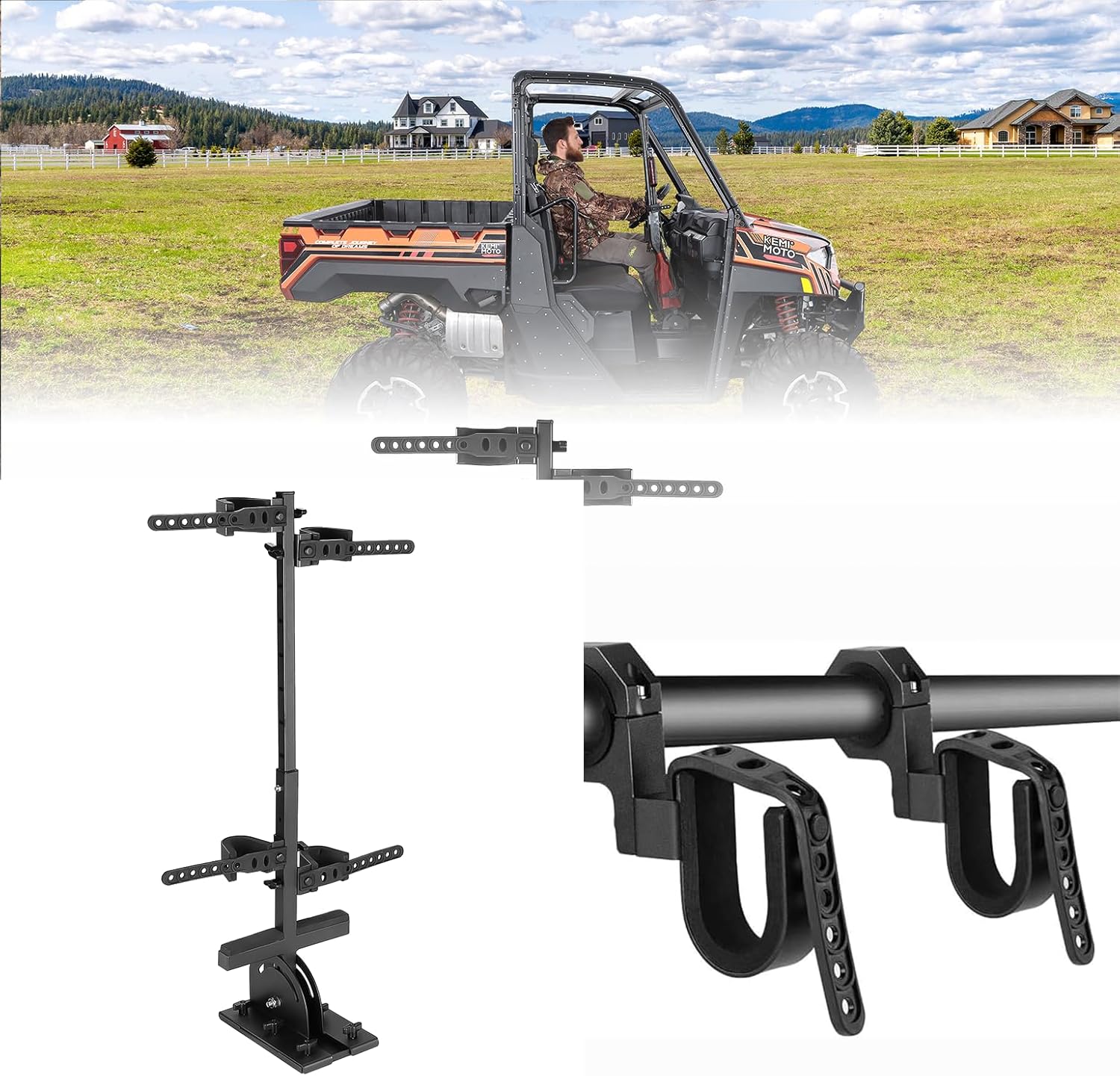 KEMIMOTO UTV Hunting Tool Rack，UTV Tool Holder Shovel Mount Bow Holder Compatible with Polaris Ranger RZR General Can-Am Defender Pioneer