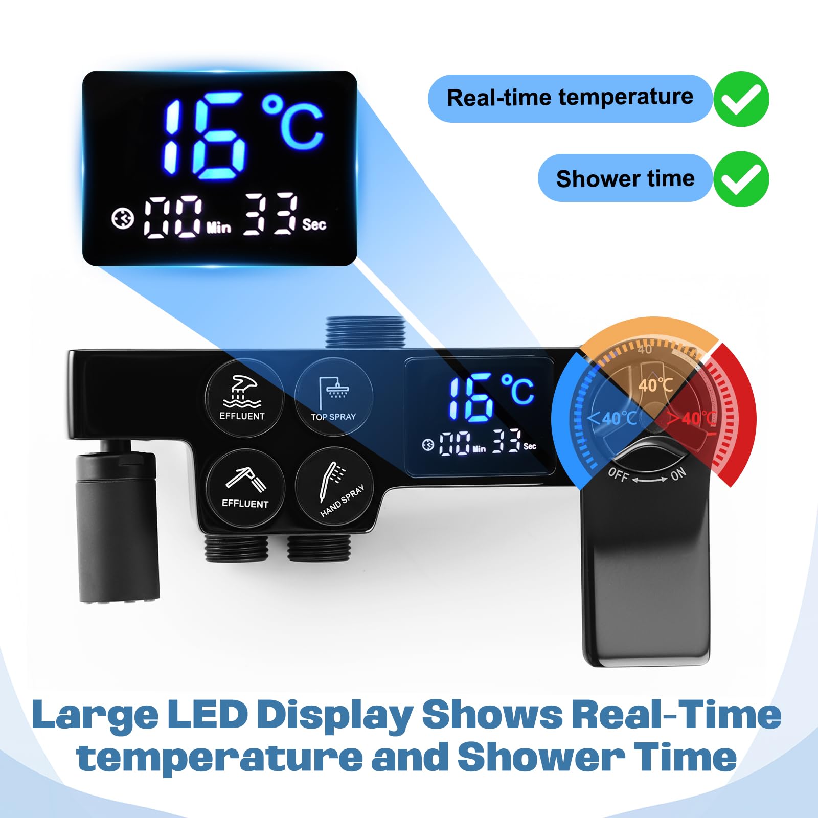 Columna de Ducha Termostática, Columna Ducha Negra con Grifo y Pantalla LED, Duchas de Baño Columna Bañera Altura Ajustable, Set Ducha 4 Modos Alcachofa de Ducha, Chorro, Grifo, Ducha Lluvia 30 x 20cm