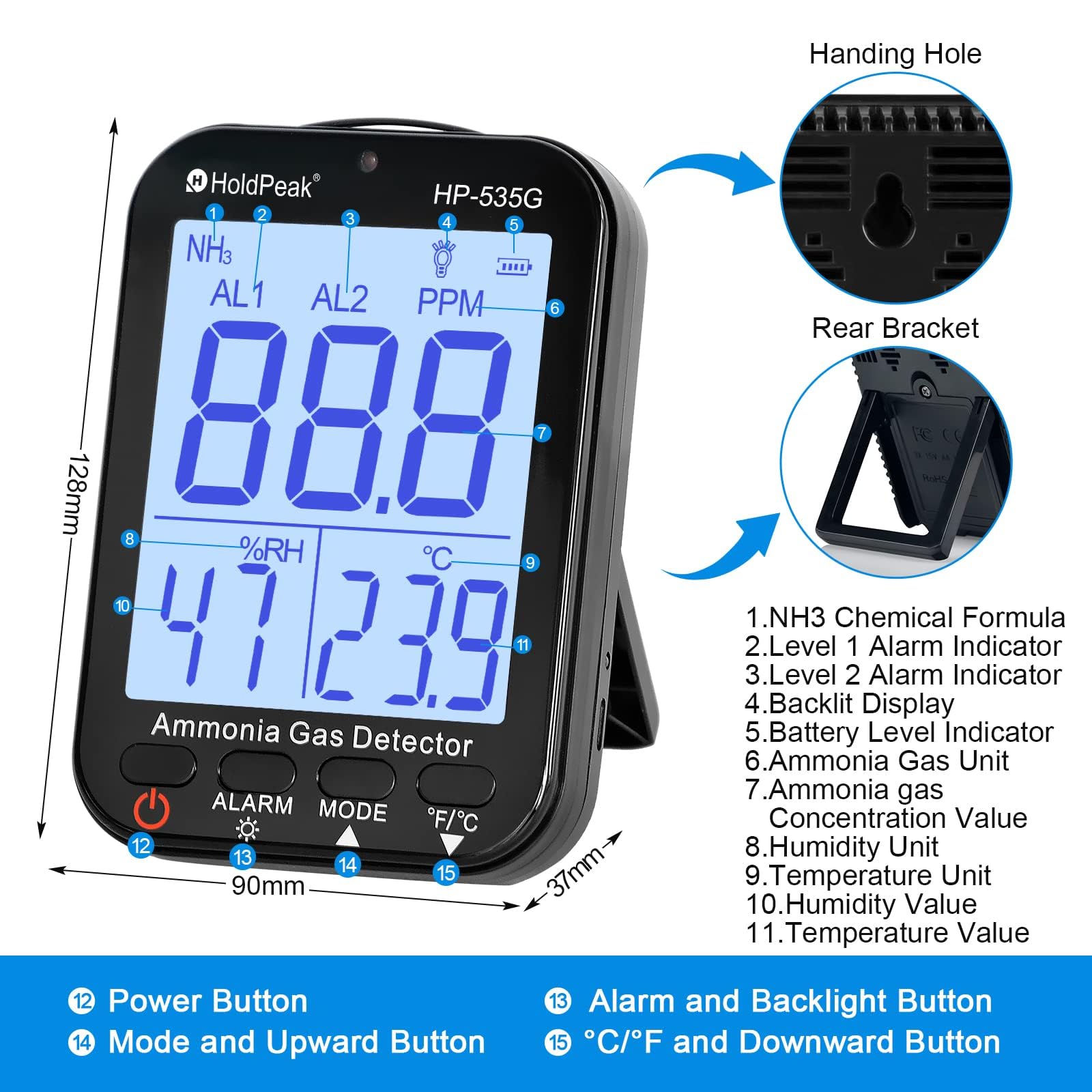 Détecteur de gaz Ammoniac NH3 0~100 PPM, Résolution 0.1 PPM Rechargeable Détecteur Qualité Air pour Température et Humidité, Double Alarme Acoustique et Optique, pour la Ferme/Produits Chimiques