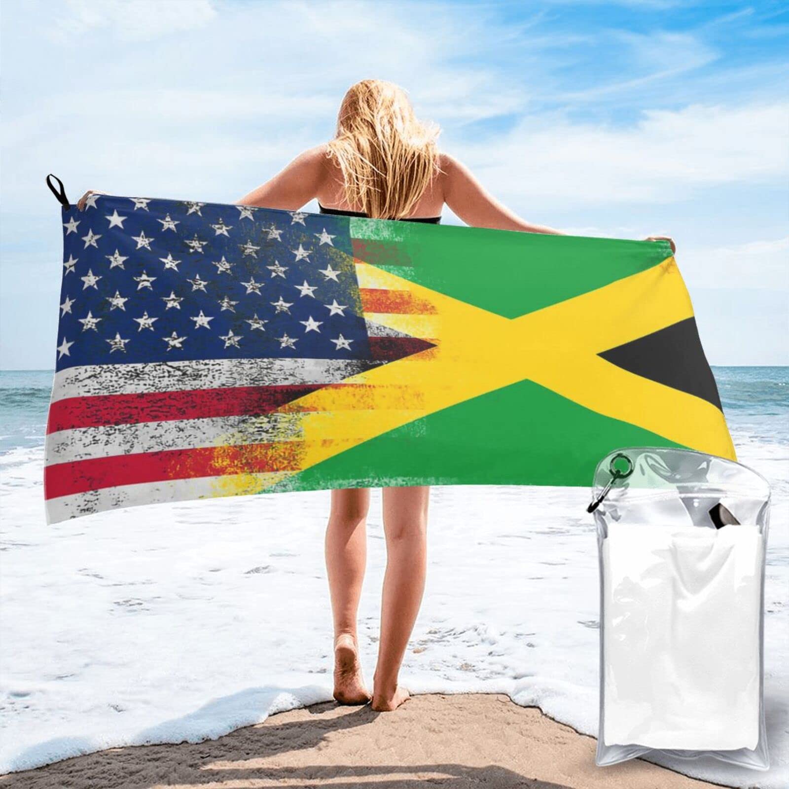 Lawenp American Flag and Jamaican Flag Microfiber Beach Towel Adults Large Quick Drying Bath Towel Travel Towels with Pouch 31.5"x63"