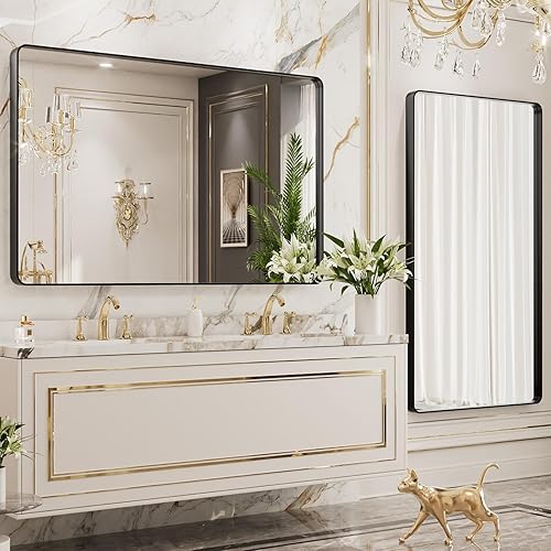 Miniatura 4 de LOAAO - Espejo de tocador para baño con marco de metal negro mate de 50 x 30 pulgadas para pared, rectangular, grande, redondeado, anticorrosión, de