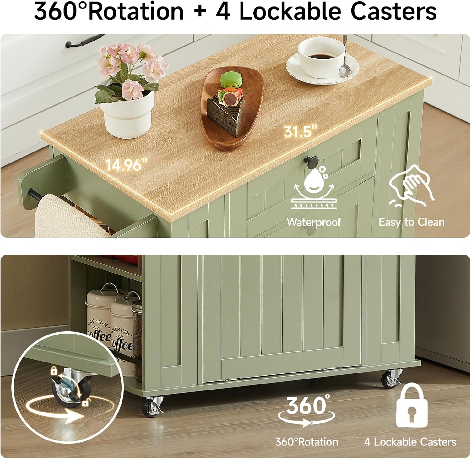 ONBRILL 35" Kitchen Island with Trash Can Cabinet & Power Outlet, Rolling Kitchen Cart with Storage Drawer, 6-Tier Spice Rack, Portable Sideboard Table for Dining Room, Living Room, Green