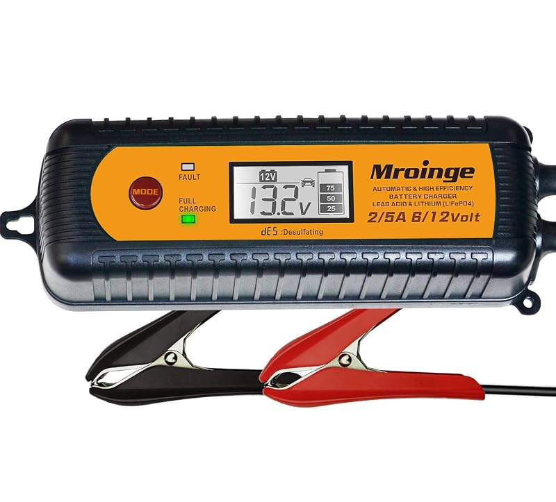 Carregador Inteligente de Bateria Mroinge 5 A 6 V/12 V com Manutenção, Dessulfatação e Tela LCD MBC050-LCD