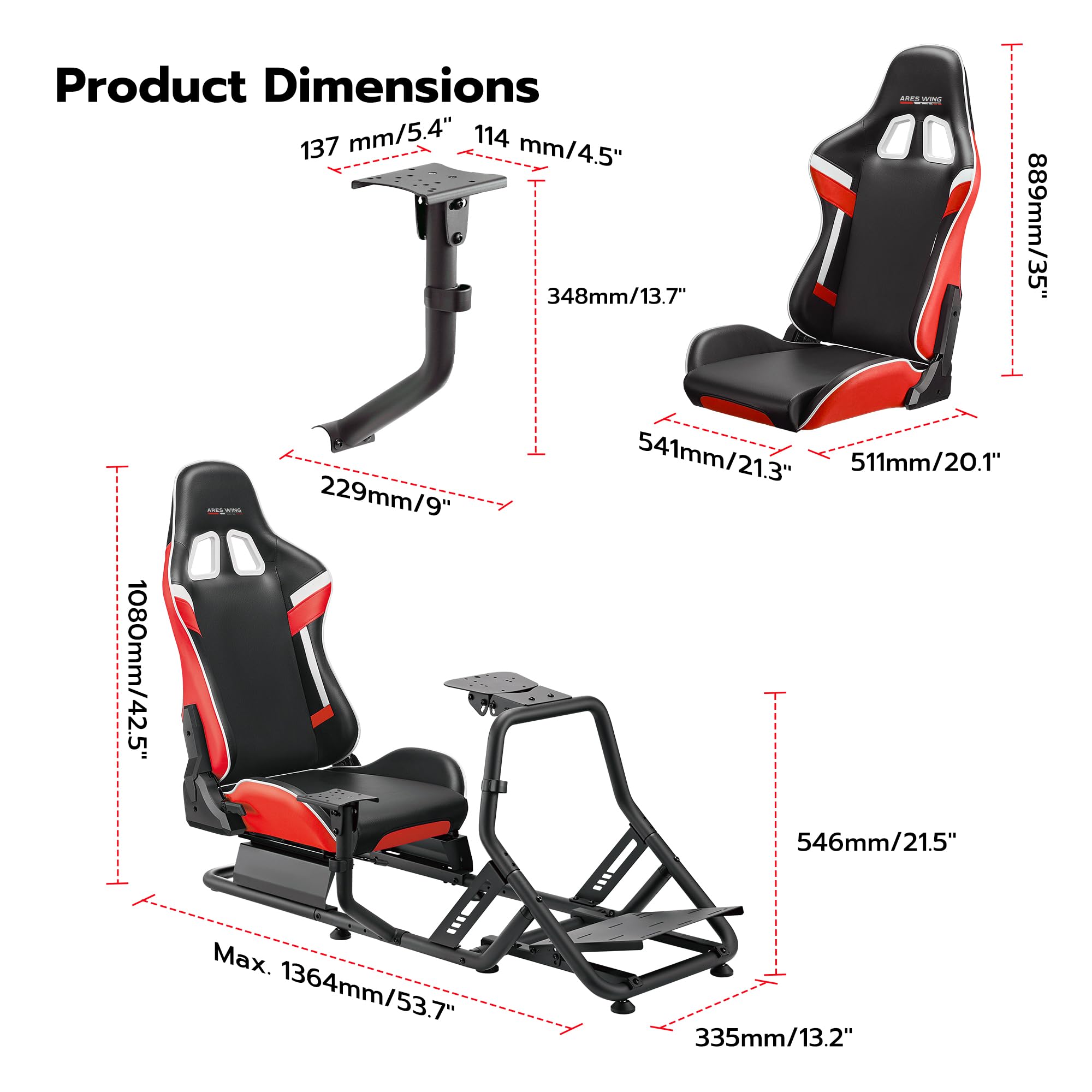 ARES WING Cockpit para Simulador de Carreras con Asiento, Rojo