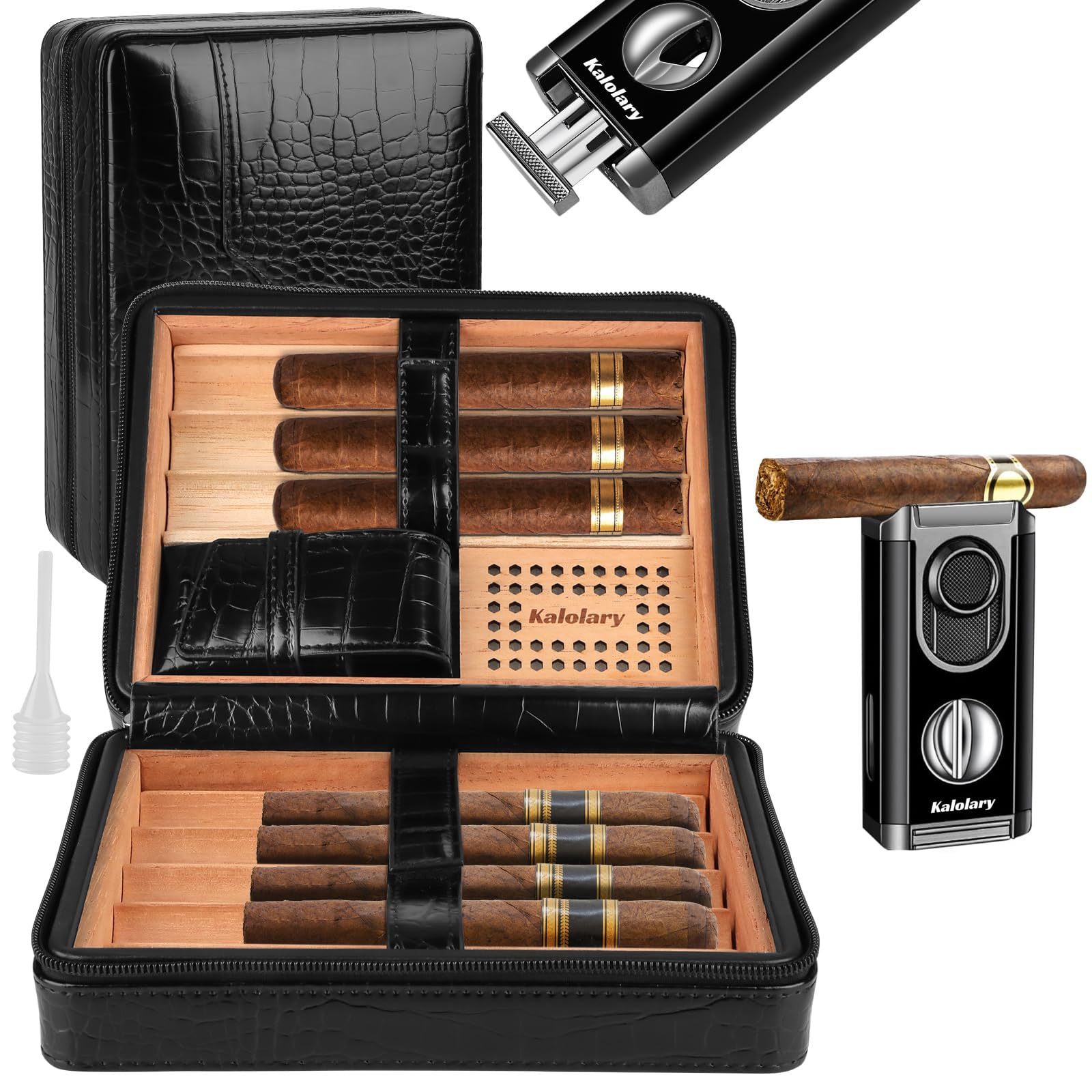 Kalolary Zigarren Humidor Leder mit Zigarrenschneider, Tragbarer Reise Humidor Zigarren mit Zedernholz Auskleidung für Hält bis zu 8 Zigarren, Tolle Geschenke für Männer (Schwarz)