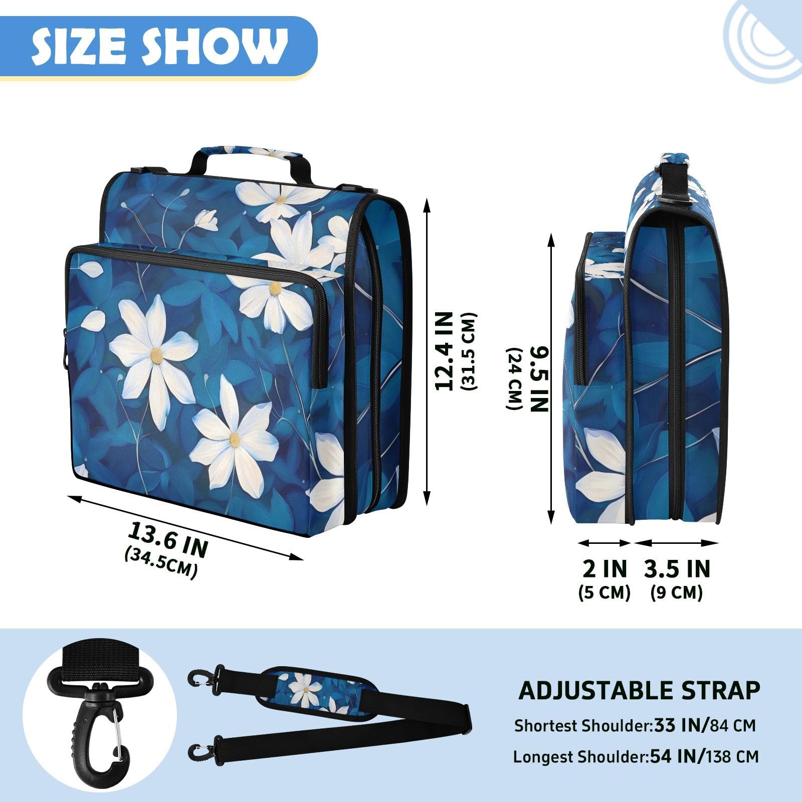 Borsa per raccoglitori a 3 anelli con stampa artistica blu floreale