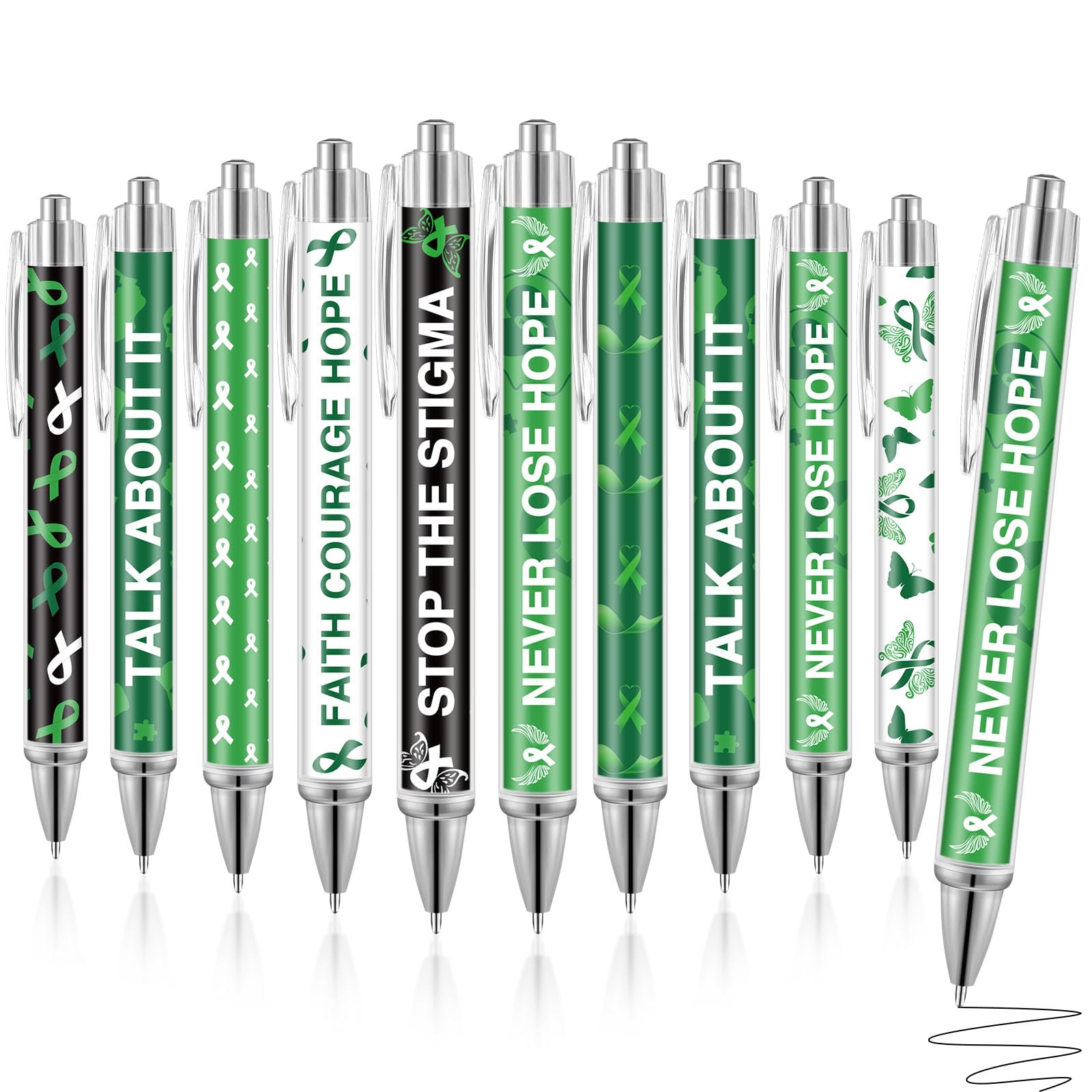 Yeaqee 48 Pcs Mental Health Awareness Pens Retractable Courage Faith Motivational Pens Green Ribbon Awareness Favors for Office Charity Therapist