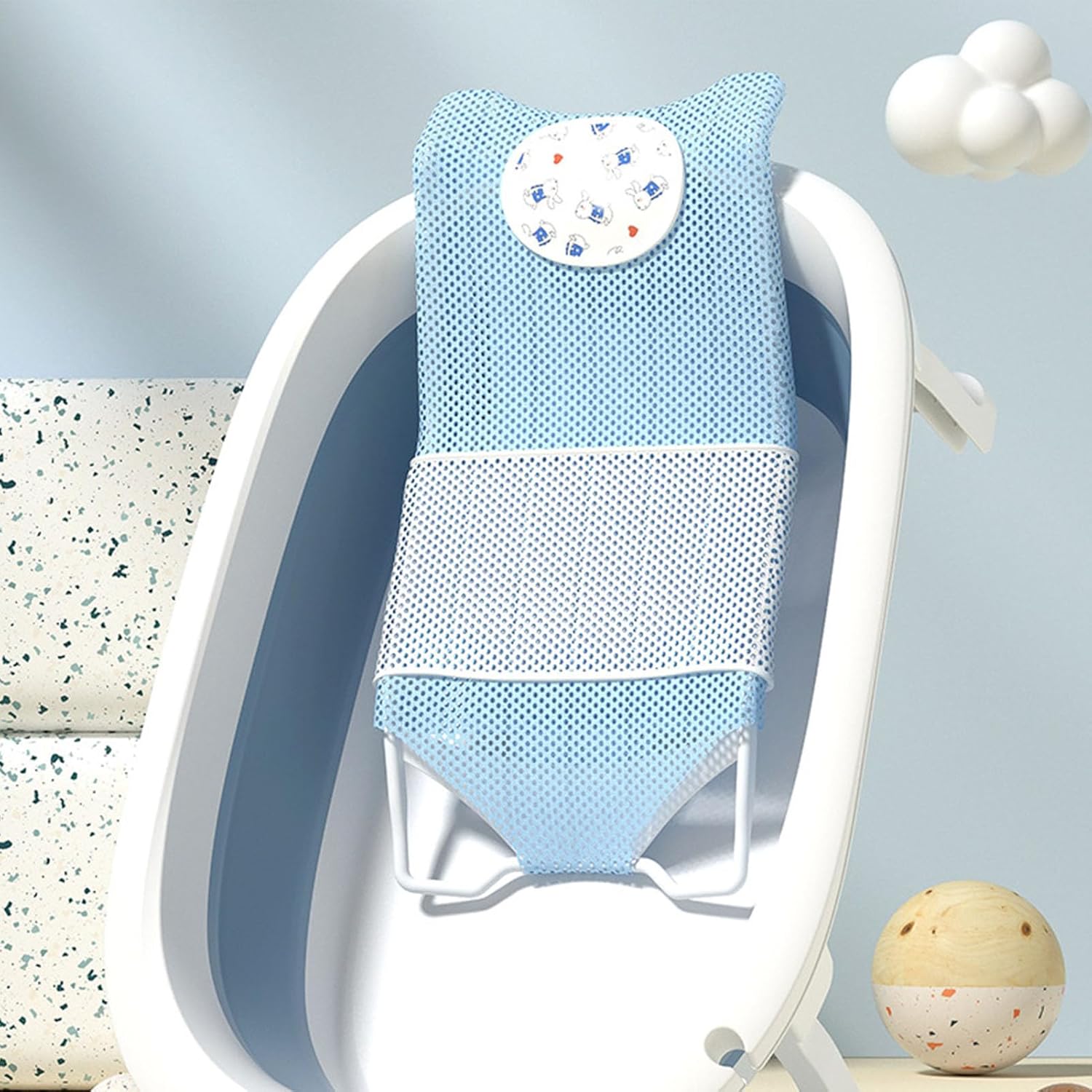 Fafeicy Baby Bath Seat Support Non Slip Mesh Cushion Portable Bath Tub Seat Net for Newborns to Toddlers (Blue, Pillow, Slip Pad)