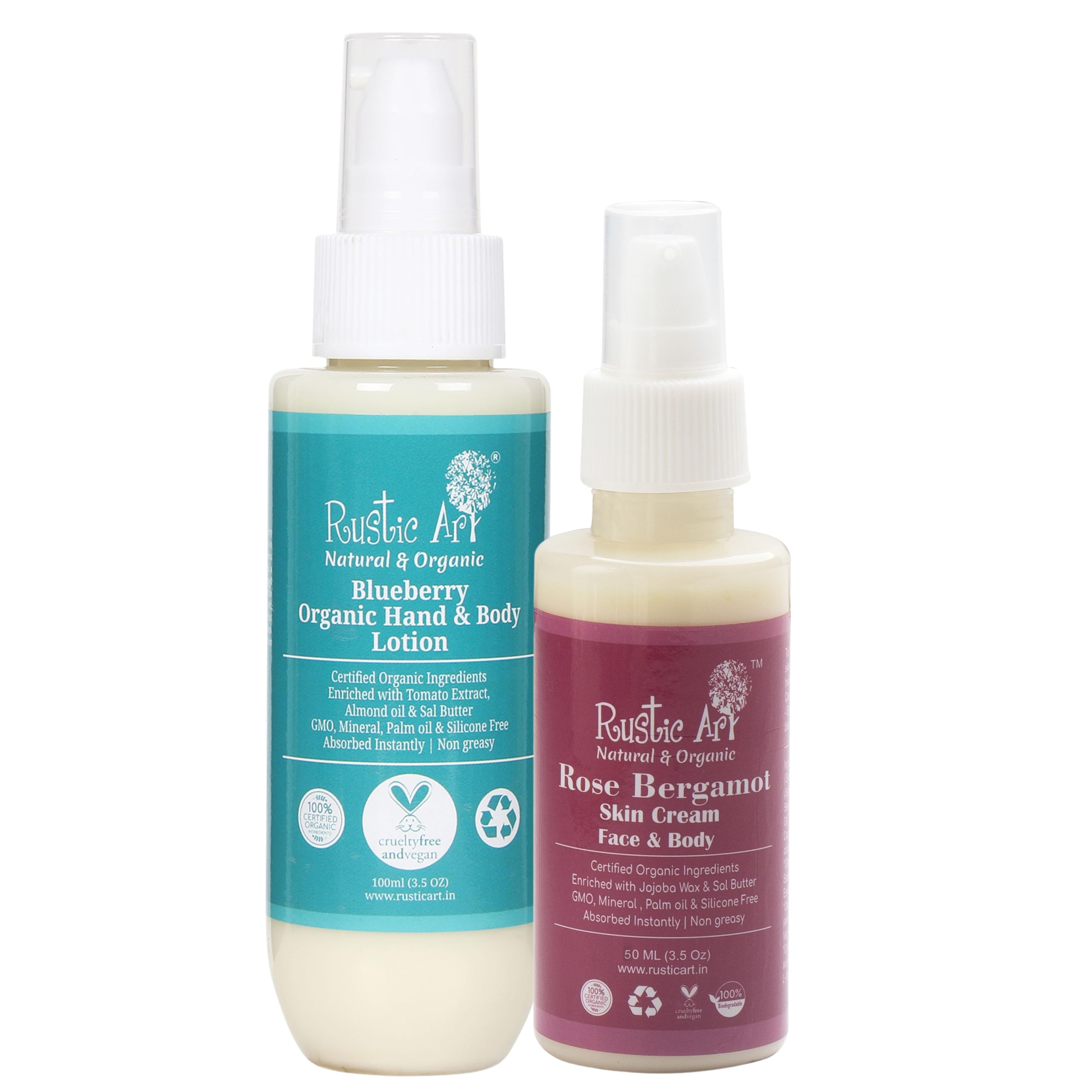 Rustic Art Organic Face & Body Moisturizer - Rose Bergamot Face Cream (50ml) & Blueberry Body Lotion (100ml) | For All Skin Types-image-23