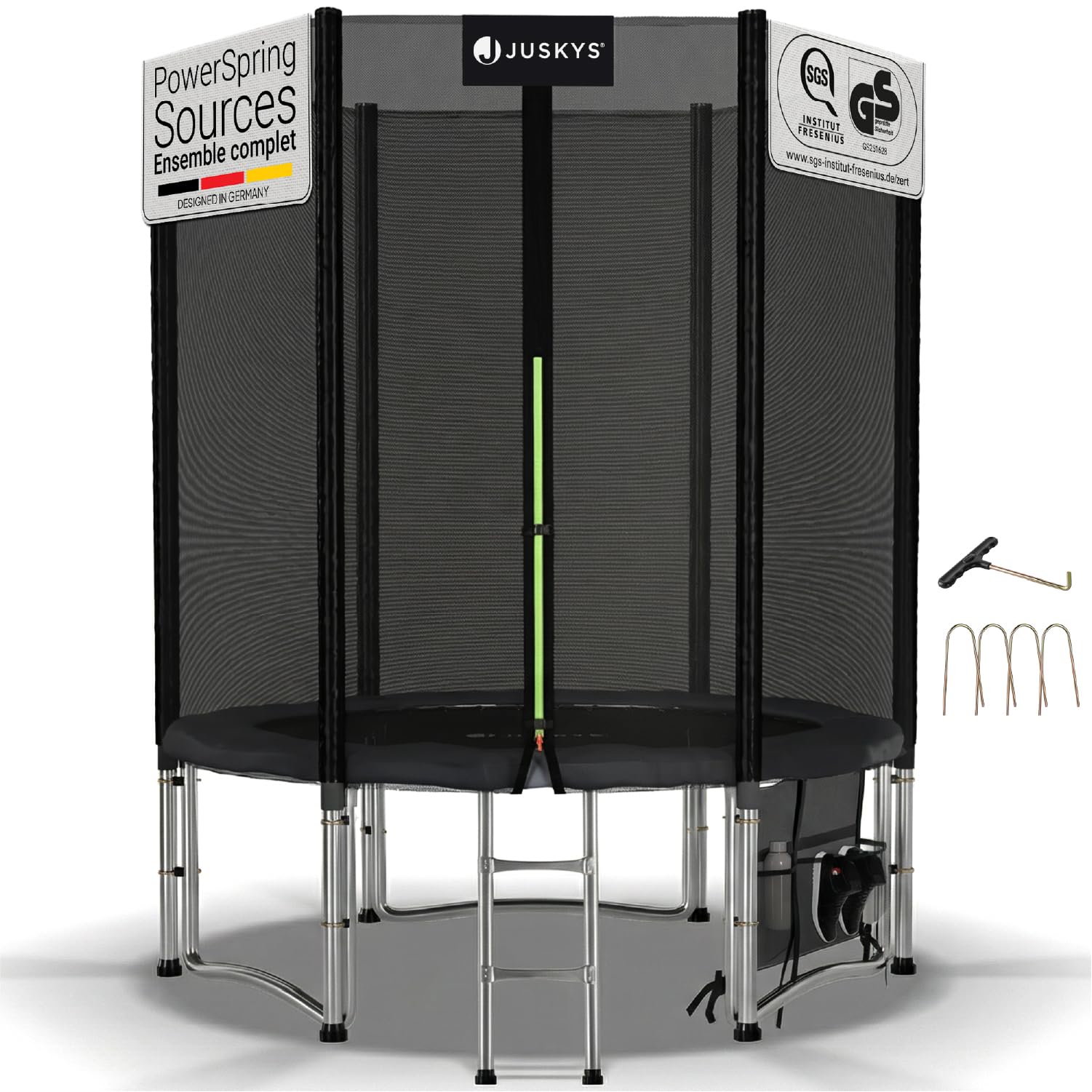 Juskys Trampoline JumpMaster – Trampoline de Jardin extérieur avec Filet de sécurité, échelle et ancrages au Sol, Protection de Bord rembourrée