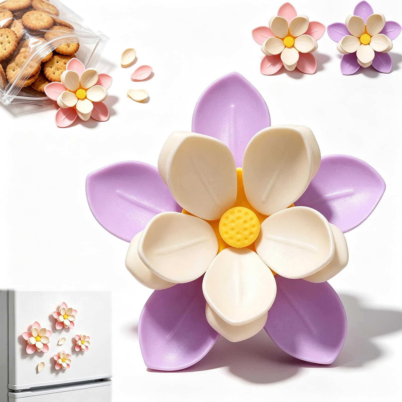 Fridge Magnets Food Bag Clips, Cute Lotus Flower Fridge Magnet Chip Clips, Magnetic Bag Clips, Lotus Petal Food Sealing Clips, for Snack Bags Kitchen Office and Home Decor，Purple