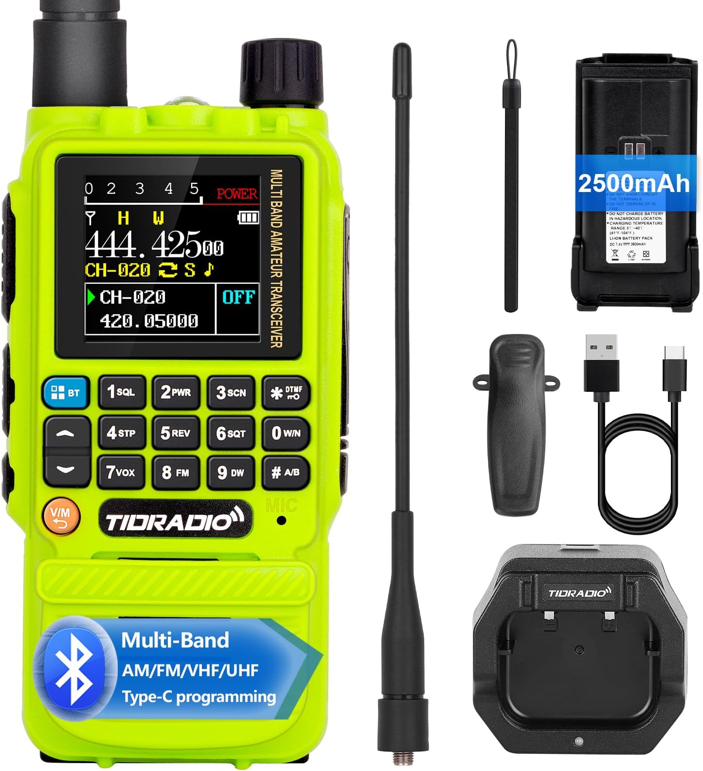 TIDRADIO TD-H3 Ham Radio Handheld UK, Airband Reception, APP/Web Bluetooth Programming, 8-Band, Freq Copy, DTMF, NOAA Weather, 2500mAh, Dual Band Two Way Radiofor Survival-Green,1 Pack