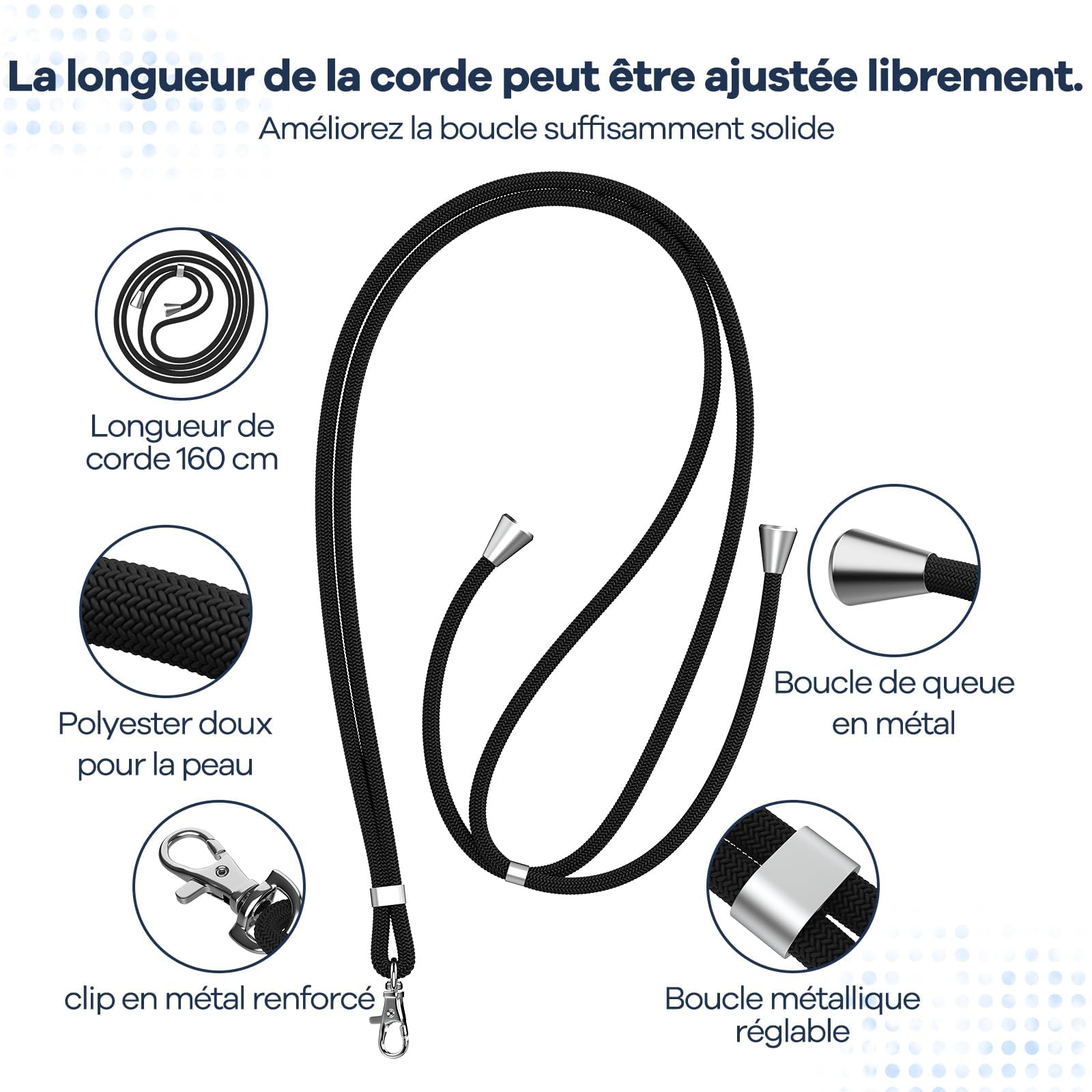caslord Cordon Telephone Portable, avec 2 Patchs Noirs Durables, Lanière de Téléphone Portable 1,6m Adjustable, Collier Compatibles avec Tous Les Smartphones et Plupart des Coques-Noir