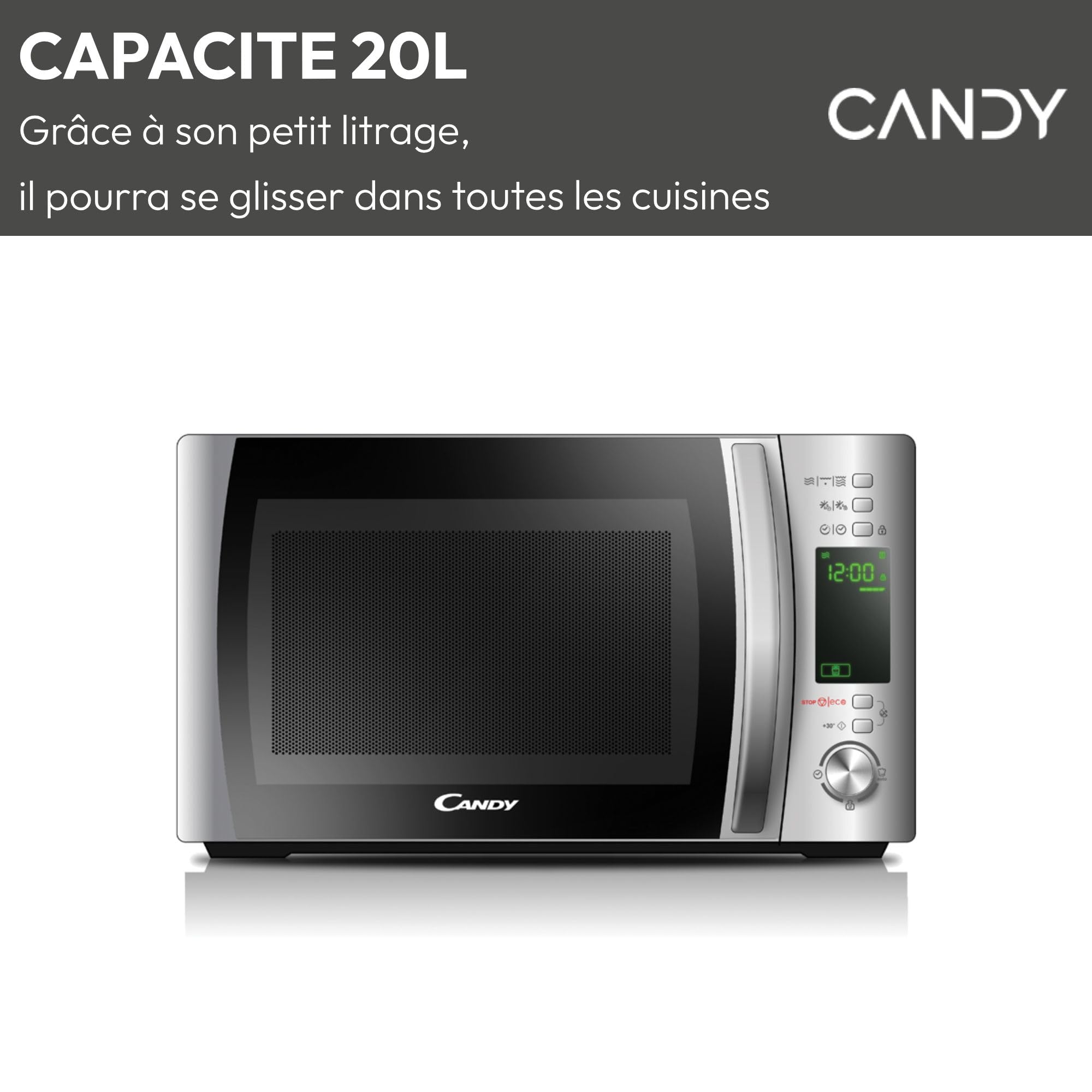Candy CMXG20DS Micro-ondes, Puissant 700W + Puissance Grill 1000W, Capacité 20L, Ecran numérique, Application Cook-in