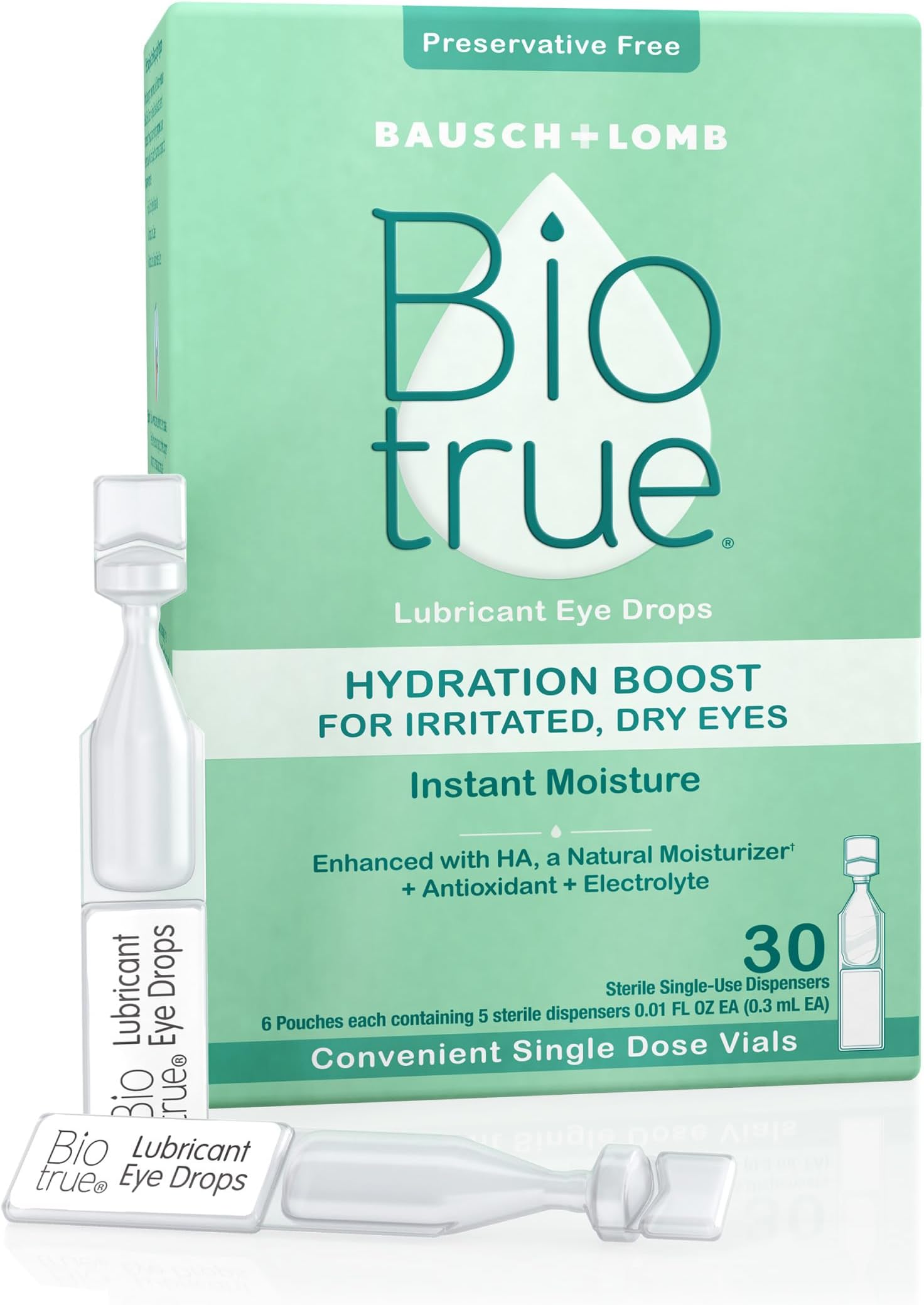 Hydration Boost Eye Drops for Irritated, Dry Eyes in Single Dose Vials from Bausch + Lomb, Instant Moisture, Preservative Free, pH Balanced, Naturally Inspired, Pack of 30 Vials