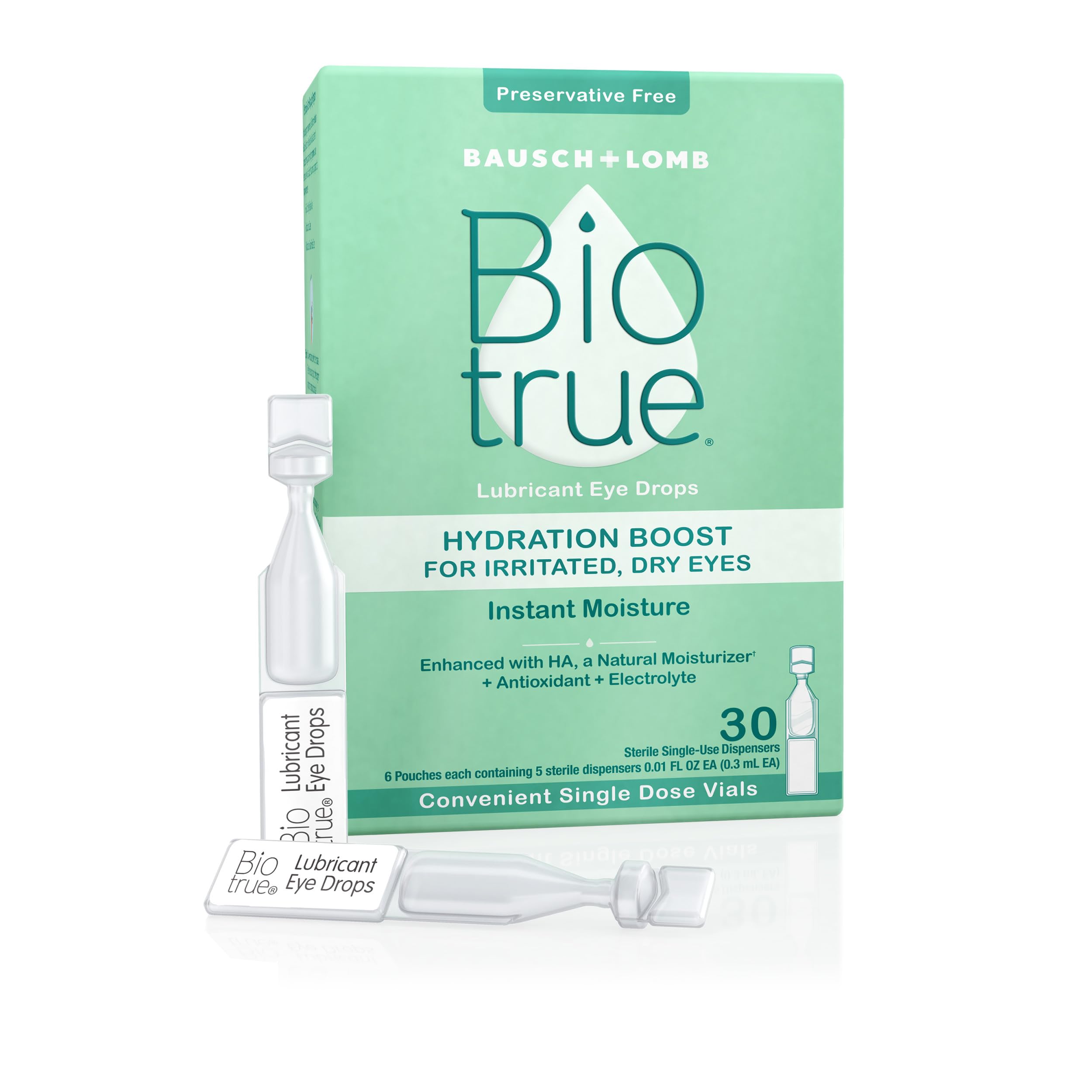Biotrue Hydration Boost, Preservative-Free Eye Drops for Dry Eyes, Instantly Moisturizes, Rehydrates, Contact Lens Friendly, Refresh & Relieve Eye Irritation, 30 Single-Use Vials (Pack of 1)