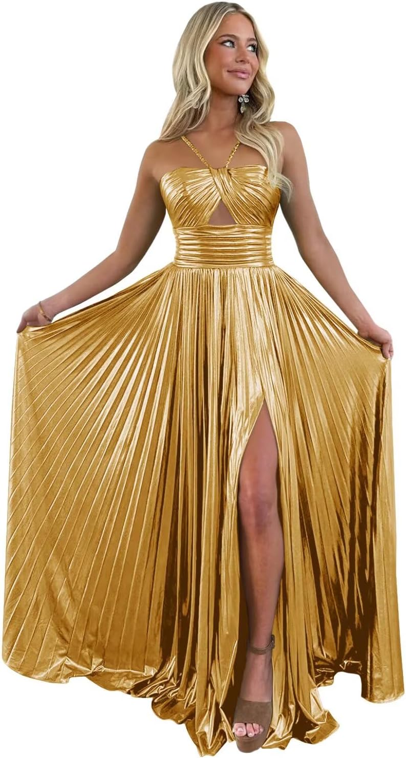 UZN Sparkly Satin Prom Dresses Long Spaghetti Straps Keyhole with Split Formal Party Gowns